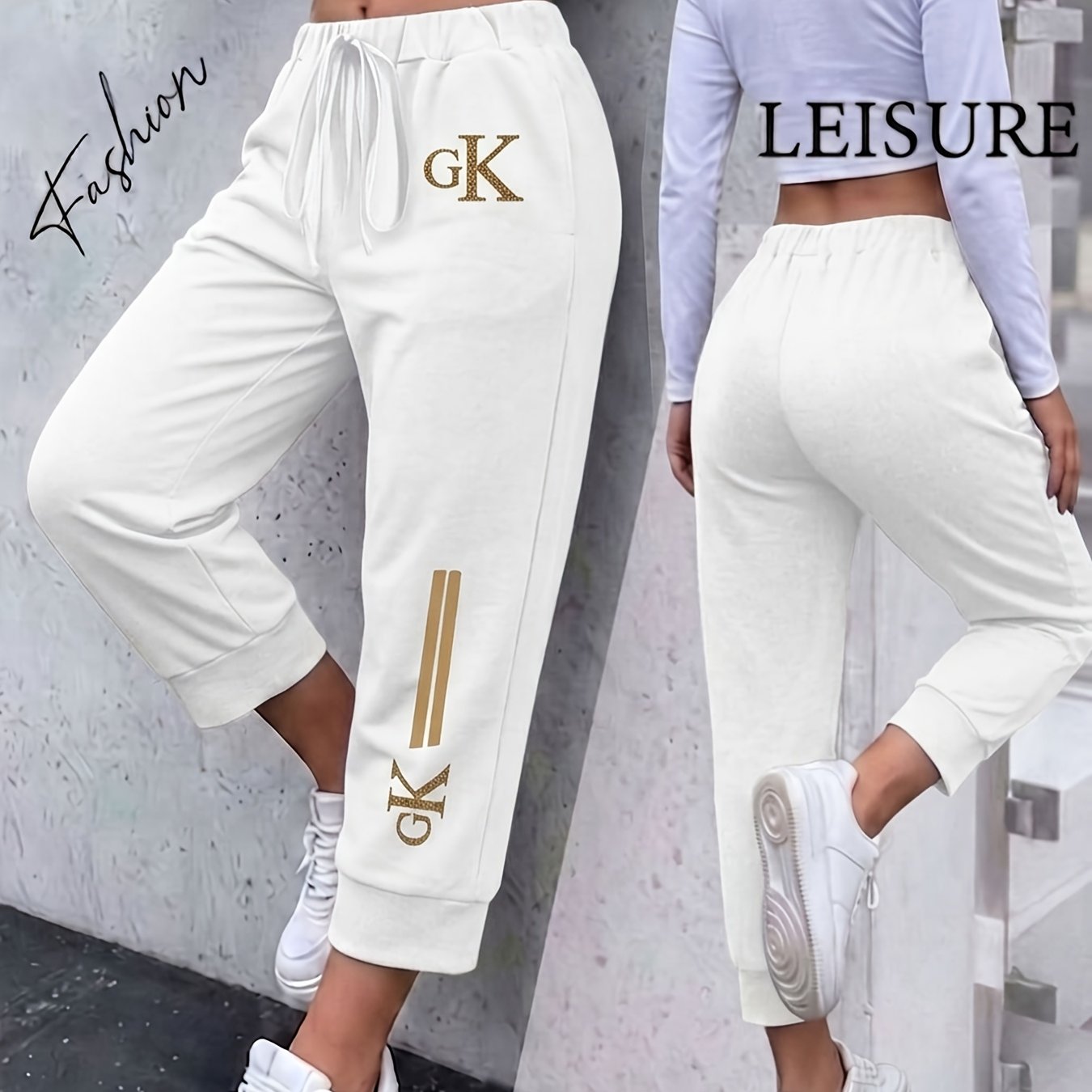TEMU Women's High-waisted Cropped Jogger Pants With Gk Letter Print & Hem - Golden Capris Suitable For,, Casual Attire - Elastic Drawstring Waist,