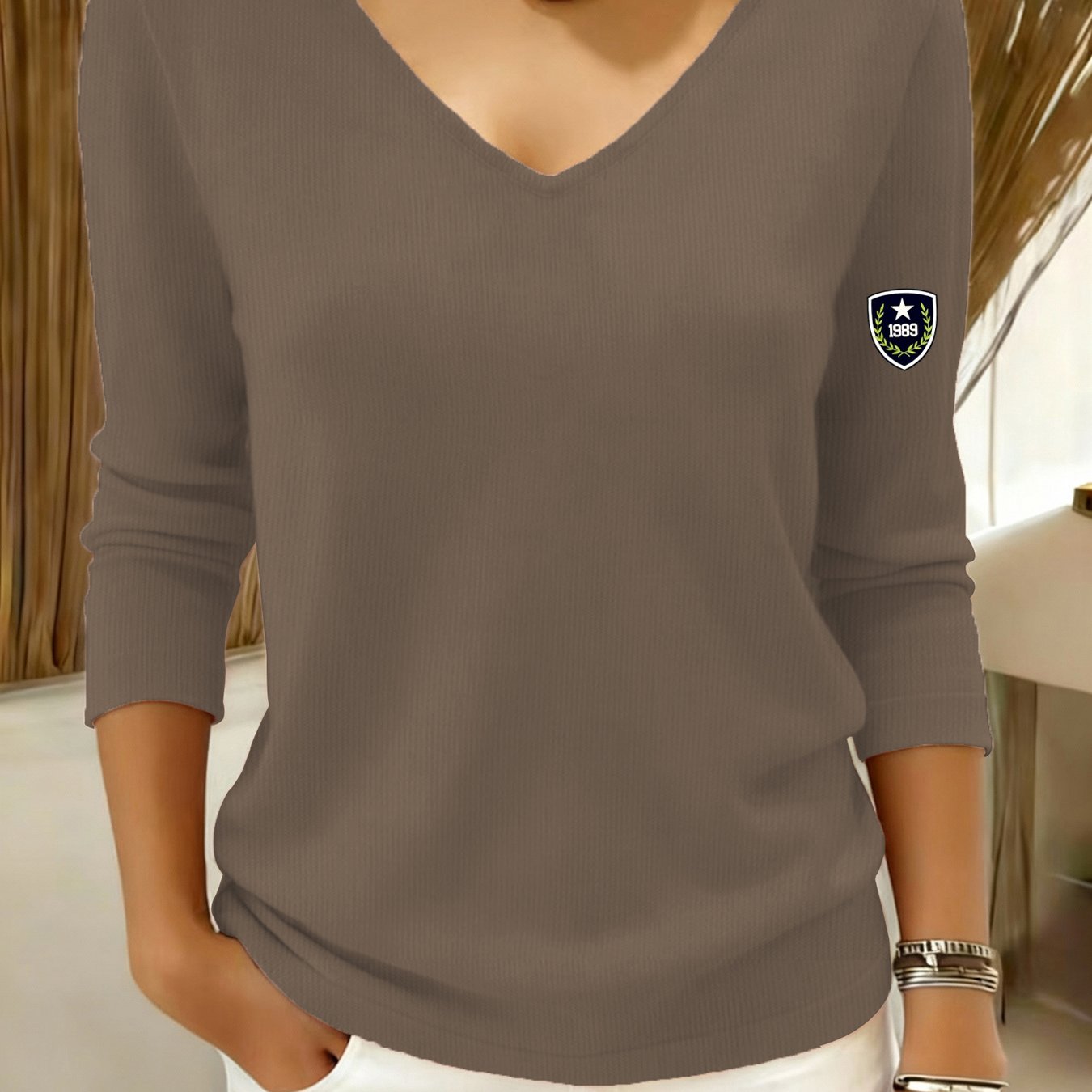 TEMU Women's Casual Sweater - Long Sleeve Loose V-neck Pullover, Slightly Stretchy Comfortable Top, Textured Design, Durable Fabric, Fashionable