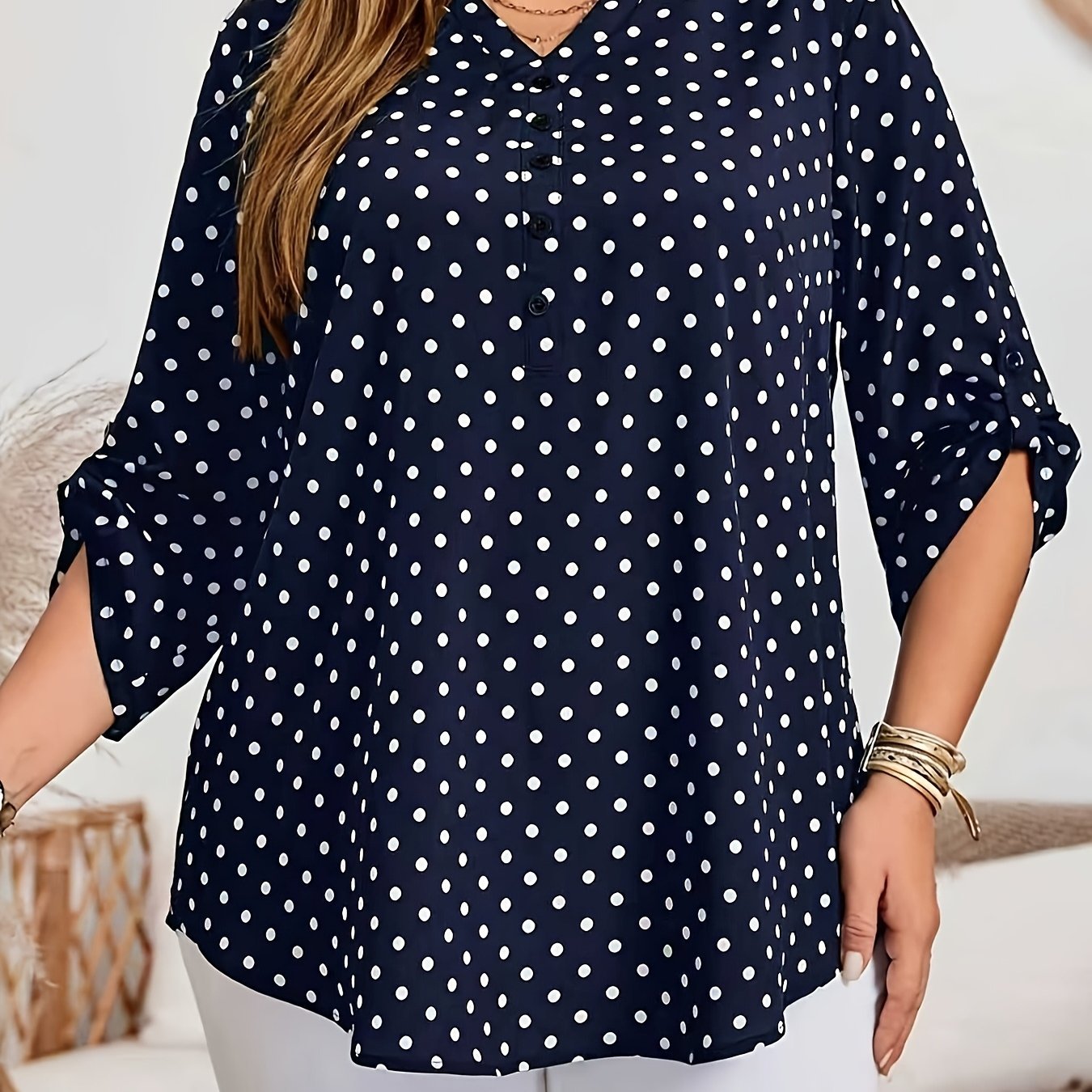 TEMU Plus Size, Plus Size Women's Elegant Polka Dot Print Stand Collar Roll-up Sleeve Four-season Shirt