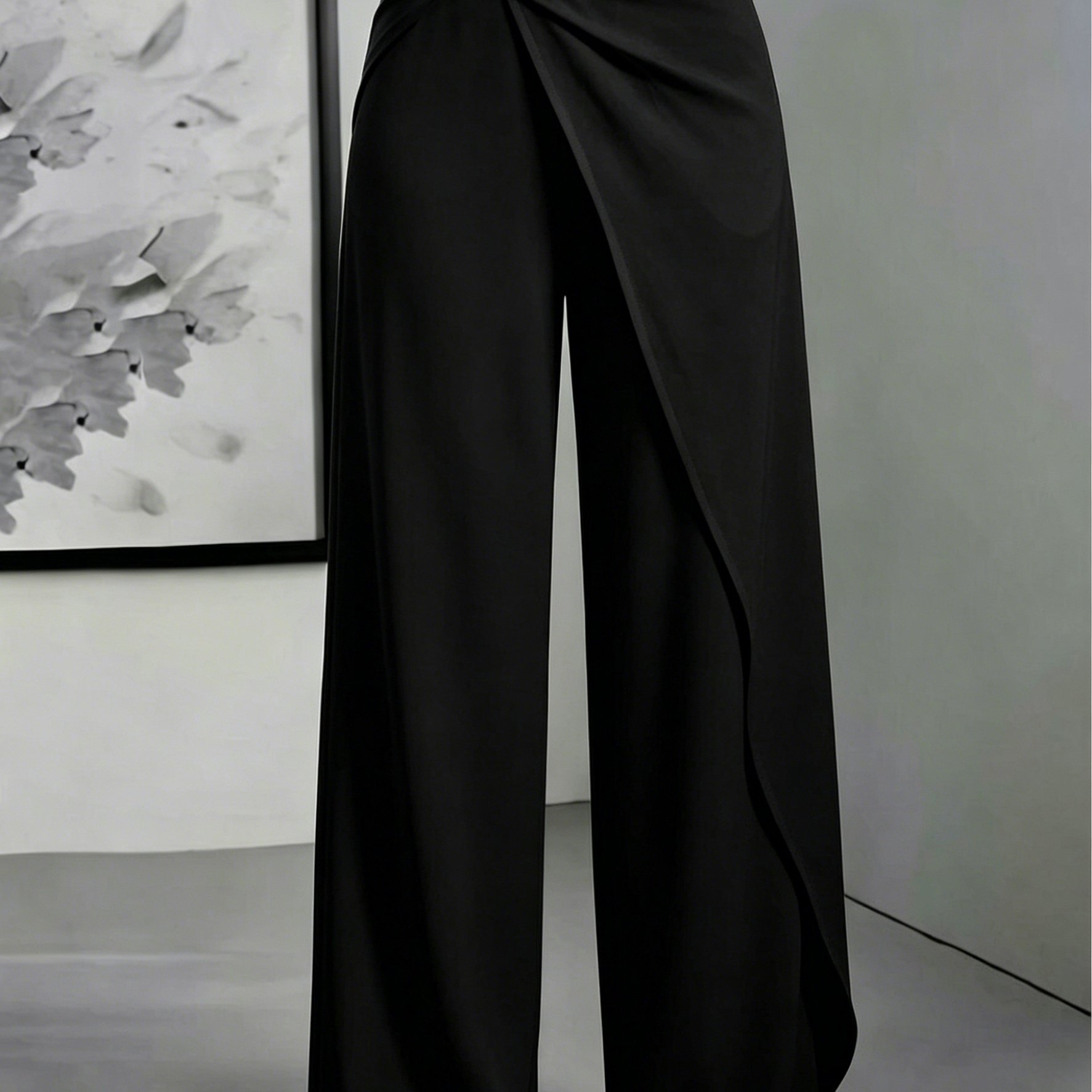 TEMU High-waisted Draped Wide-leg Pants For Women, Designer Twist Knot Metal , Elegant Commuter Advanced Feel Long Pants
