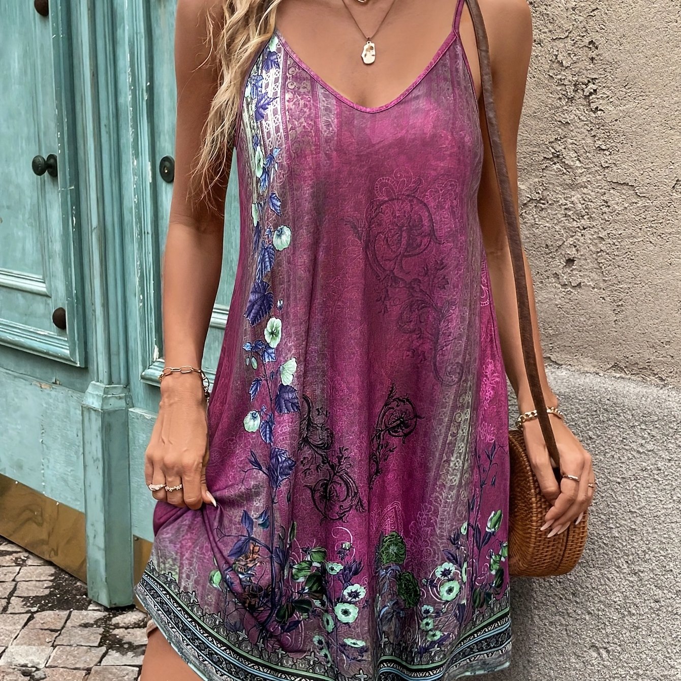 Women' V-neck Floral Print Spaghetti Strap Dress