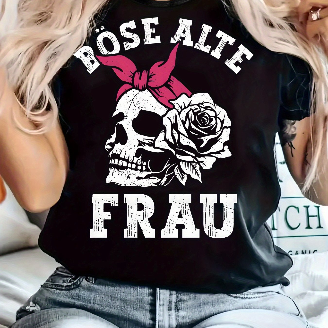 TEMU Plus Size, Alte Frau Print Plus Size Women's Casual T-shirt, Round Neck, Short Sleeved, Slightly Elastic Fabric, Regular Style, Comfortable Top