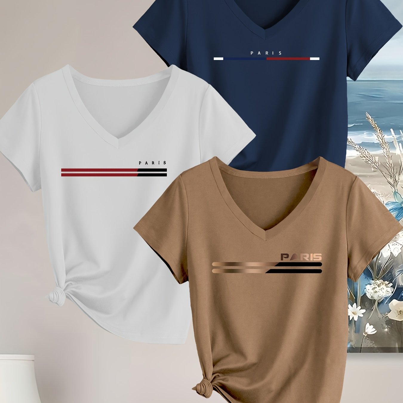 TEMU Women's Geometric Letter Print Short Sleeve T-shirt | Paris Alphabet Design, Casual V-neck Top, Machine Washable, Essential For Spring/summer,