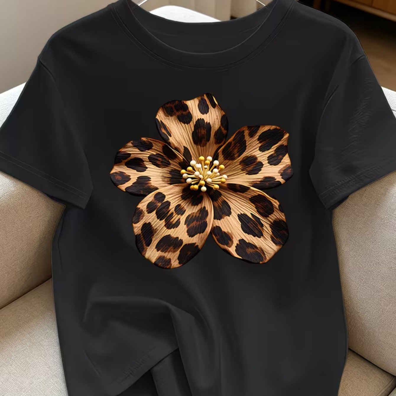 TEMU Elegant Style Plus Size Short Sleeve, Leopard Print Five-petal Flower Pattern Round Neck Casual Athletic T-shirt Gift, Suitable For Spring,