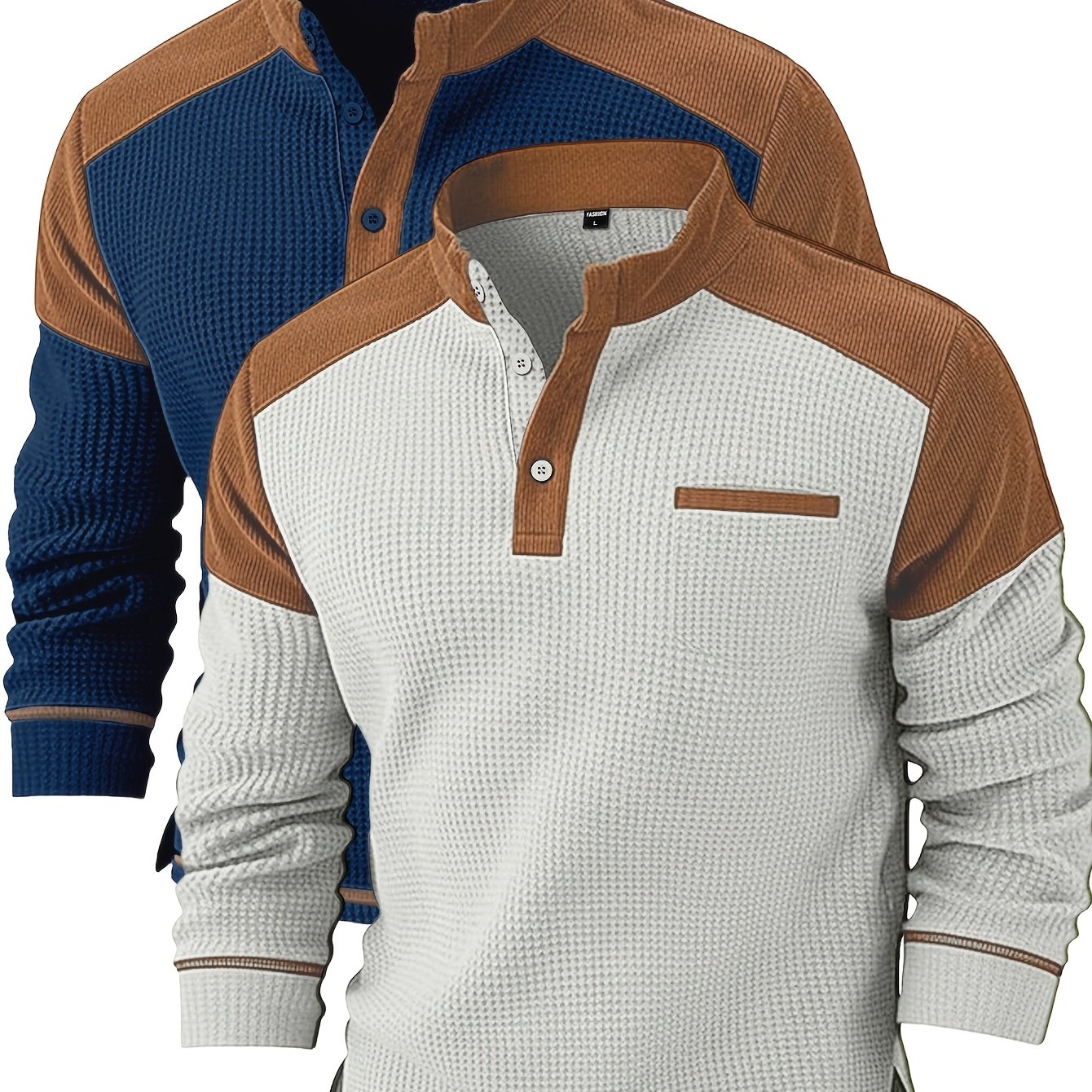 TEMU Trendy Light Luxury Men's Cargo -block Waffle Knit Henley Long Sleeve | 2pcs Set Contrast Henley Pocket Detail | Festive Renewal | Spring/autumn