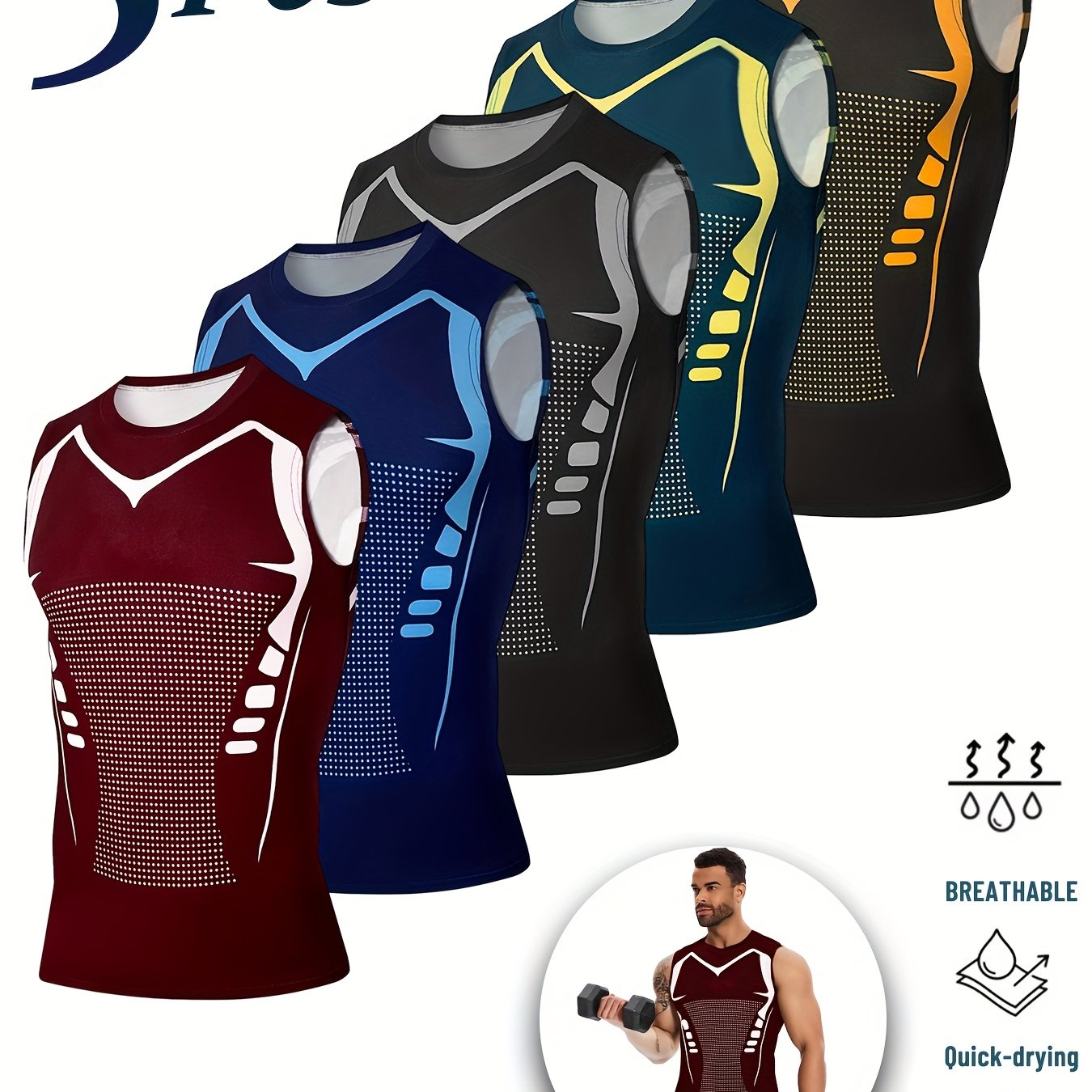 TEMU Black Friday Christmas 5pcs Men's Sleeveless Athletic Tank Tops - Breathable, Moisture-wicking, Stretch Fabric With Vibrant Geometric Patterns,