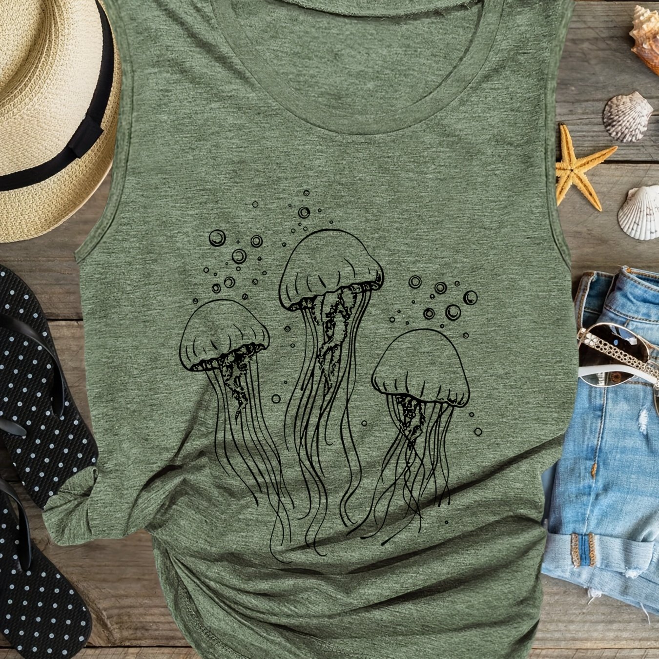TEMU Jellyfish Print Tank Top, Sleeveless Casual Top For Summer & Spring, Women's Clothing