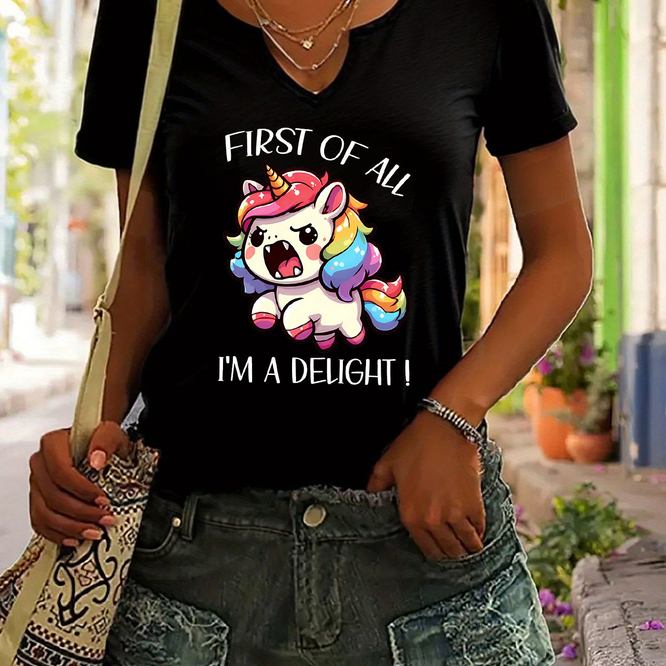 TEMU Women's Summer V-neck Short Sleeve T-shirt, ", I'm A !" Angry Unicorn Graphic Print, Soft Breathable Fabric, Casual , Ideal For Humor Lovers,