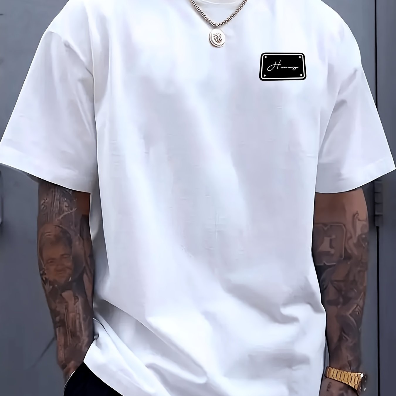 TEMU Men's Loose Neck T-shirt With Printed Design (not Textured), Featuring A Black Rectangular Patch On The Left Chest With White Cursive Text