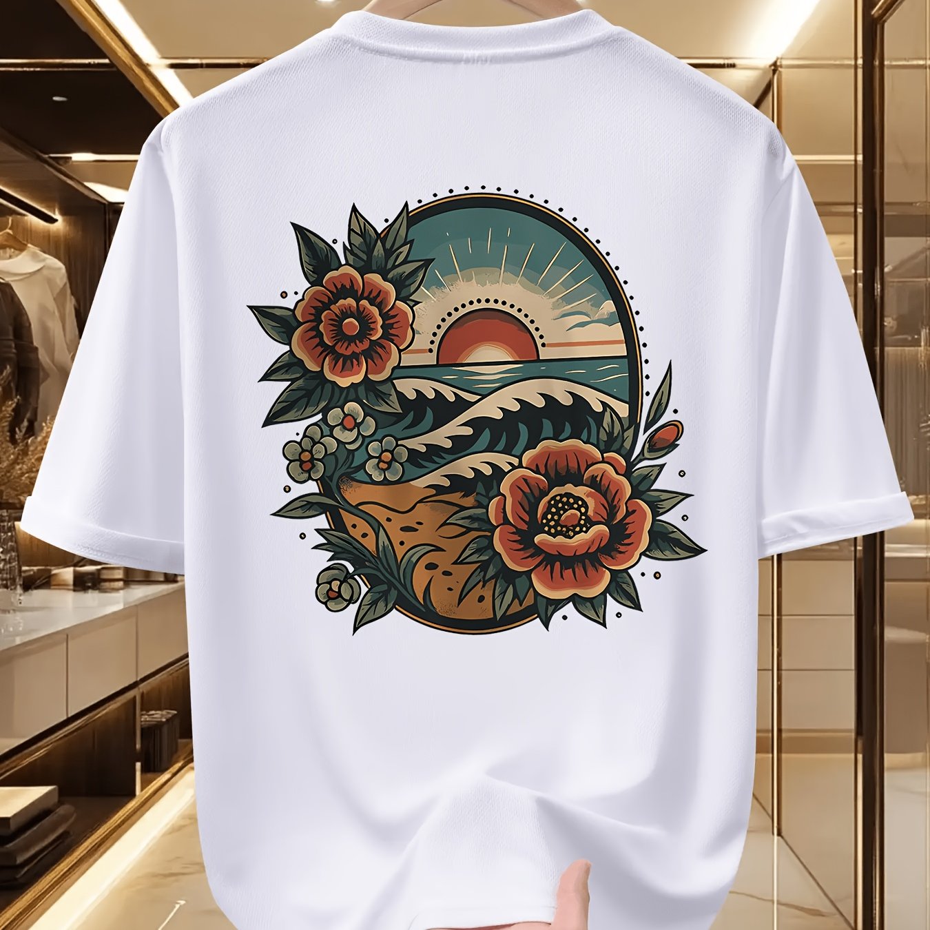 TEMU Men's Floral Wave Heat Transfer Print Short Sleeve Crew Neck T-shirt