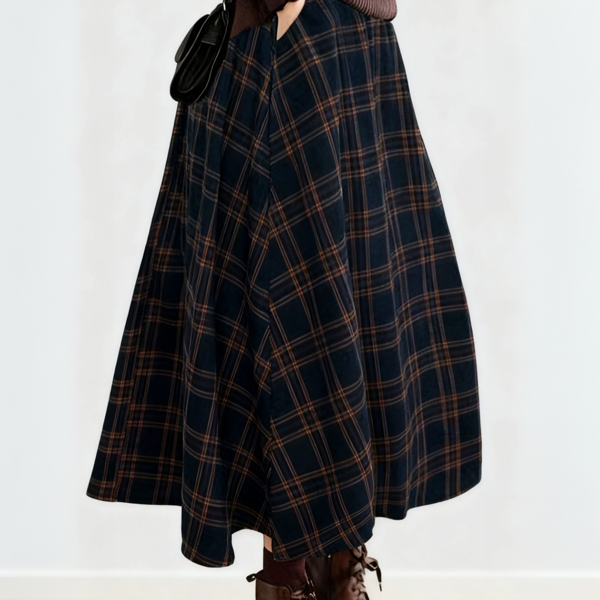 TEMU New Autumn Vintage Plaid Skirt, A -brown Artistic Maxi Skirt. Elegant, Loose-fitting, And Versatile. Suitable For Casual Occasions Such As Daily