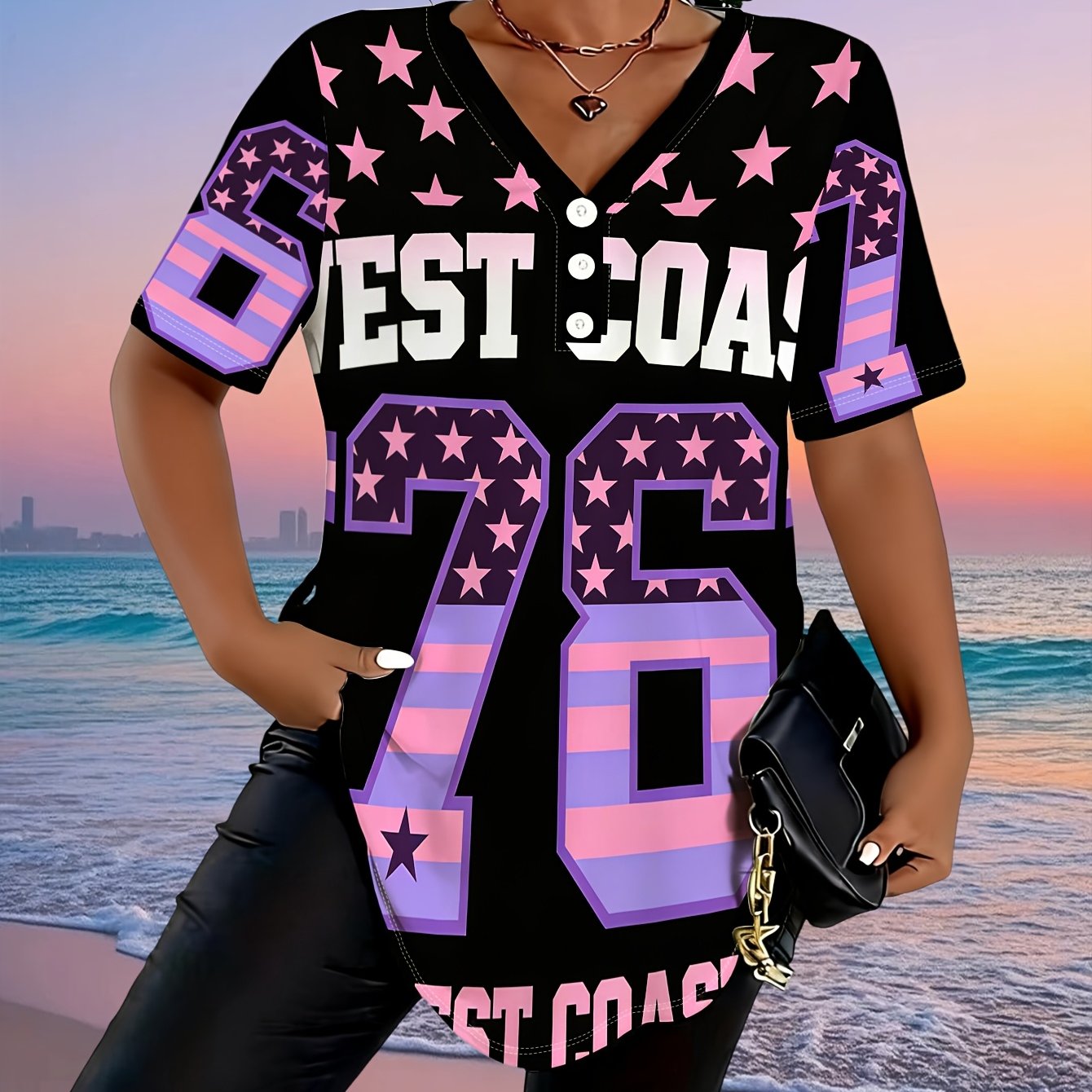 TEMU Summer Plus Size Women's V-neck Three-button T-shirt California 66 Letter Comfortable Top Loose Cover Belly Academy Style Daily Plus Size