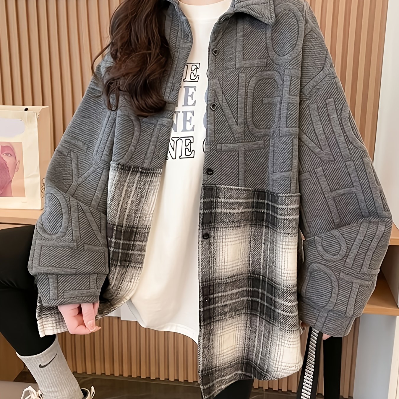TEMU 【商品名】チェック柄長袖カーディガンシャツジャケット レディース 韓国ファッション トレンド 服ルーズ ギャル カジュアル 春 秋 冬 デザイン ファッション ミドル丈 厚手 シャツ トップ