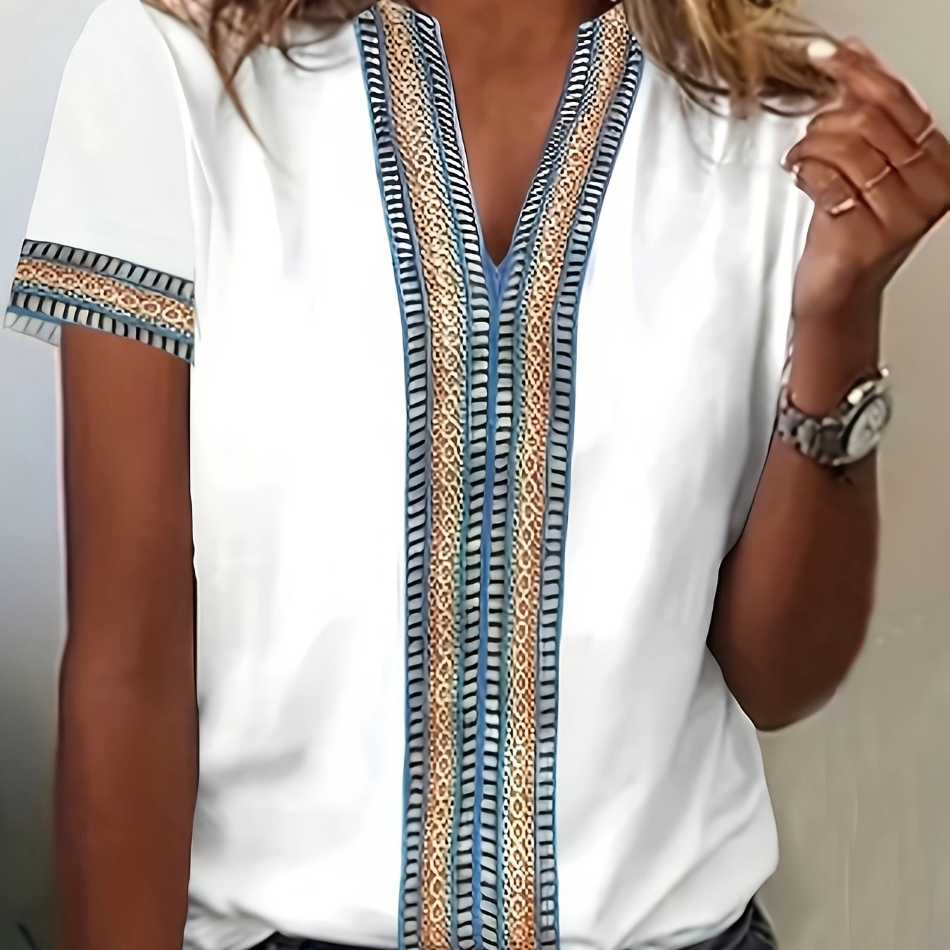 Casual Ethnic T-shirt Summer Short Sleeve V-neck Top Women's Clothing