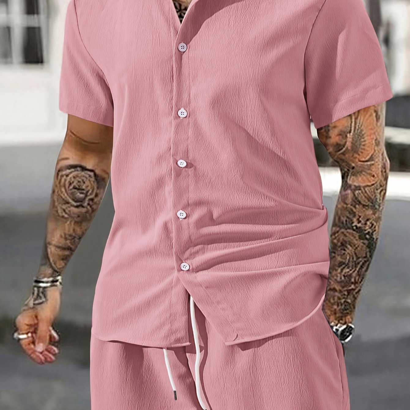 herre sommer casual shorts skjortesett lys rosa opp - Temu Norway, image size:1340x1340