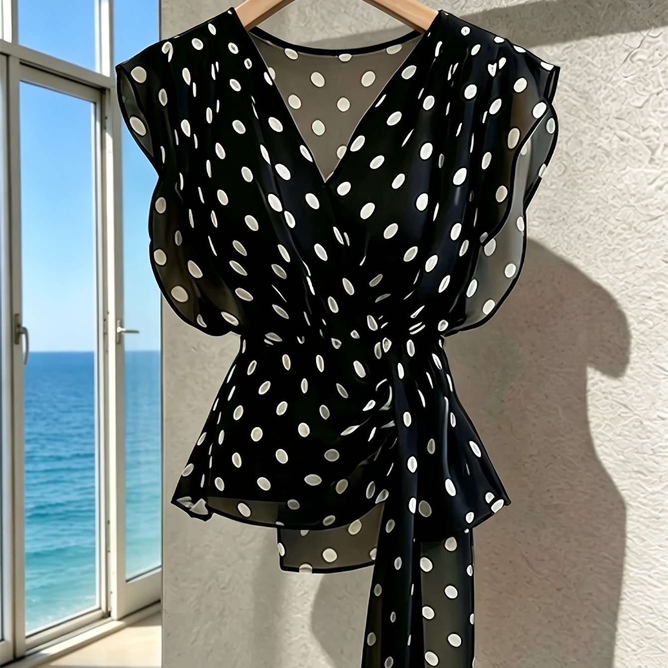 TEMU Women's Elegant Polka Dot Printed Chiffon Flutter Sleeve Top