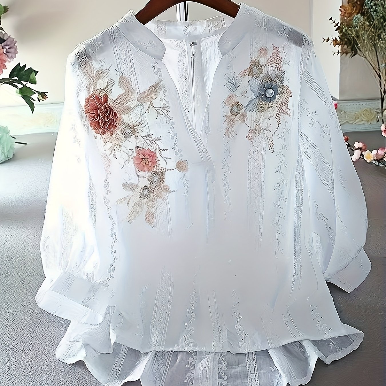 TEMU Heavy Embroidery Floral Top Women's Clothing Mid-sleeve Blouse Loose Casual Shirt
