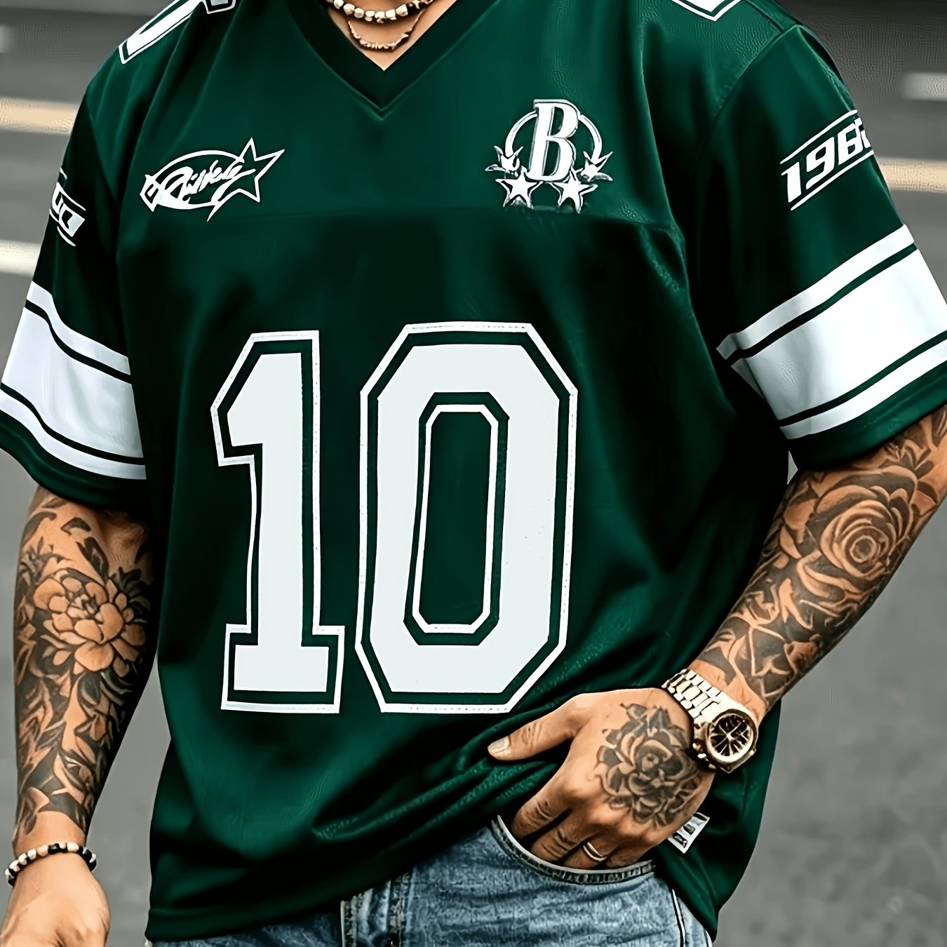 TEMU Men's Street Style Football Short Sleeve Jersey, Green Size 10 With Number Print, Breathable Quick-dry Loose Short V-neck With White Striped