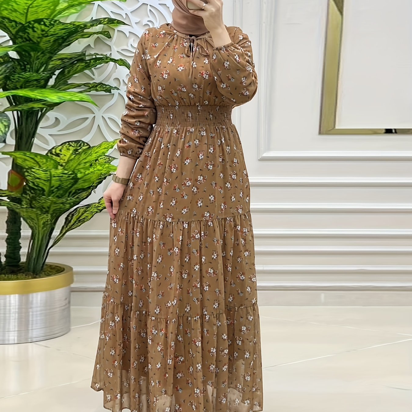 Long Chiffon Dress With Floral Prints, Embodying Of Middle Eastern Women