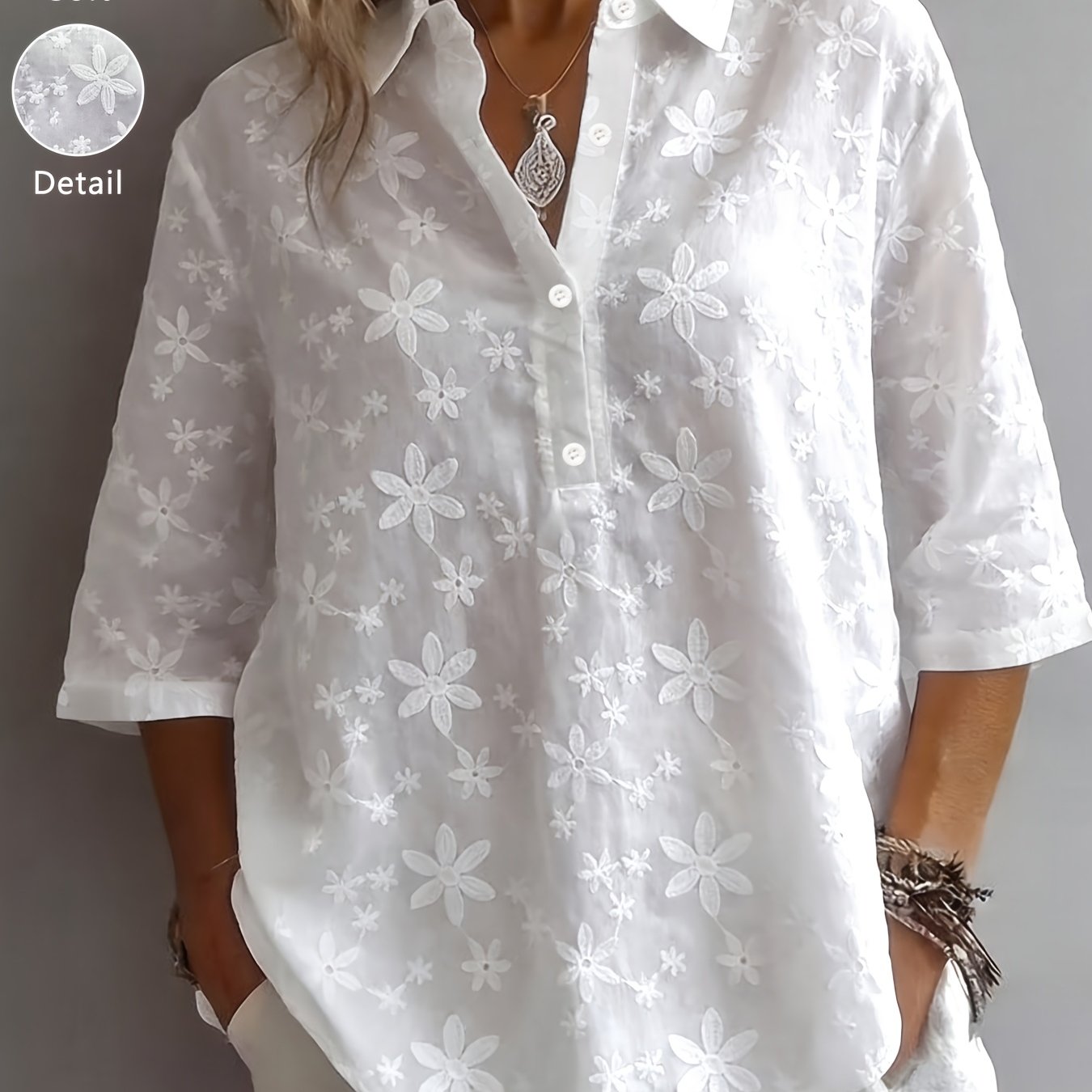 E-shop Plus Size - Plus Size - Frühling/Herbst Einfaches Casual Einfarbiges V-Ausschnitt Kurzarmhemd Damen Bluse in großen Größen