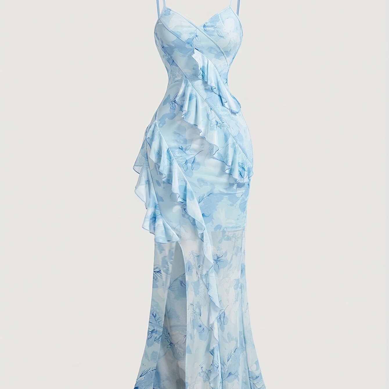 Image of Summer V-neck High-slit Tie-dye Printed Long Mesh Skirt, Women's Summer Dress, Elegant Women' Strap Dress Ll169