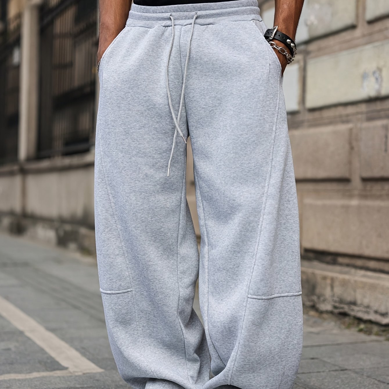 1pc Men' Color Athletic Wide-leg Long Pants, , Elastic Waist Drawstring, Casual Outdoor Trousers