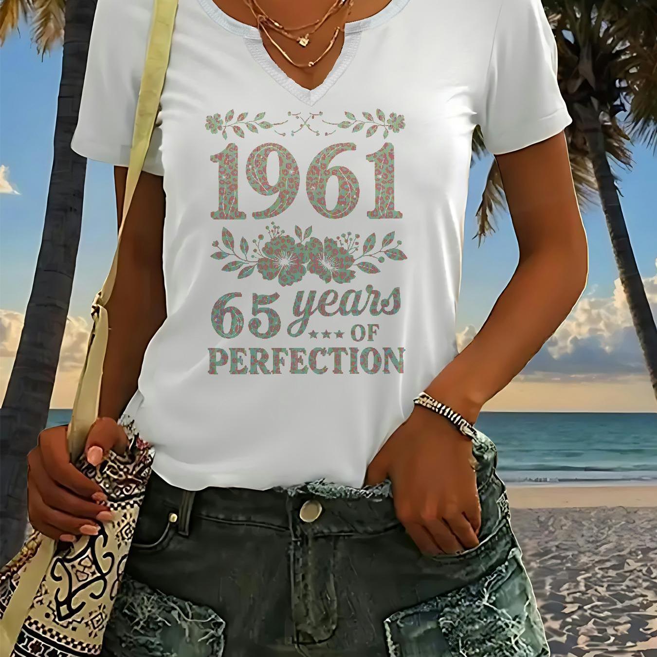 TEMU Ly260120012 1961 65 Years Of Perfection With Flowers Print Short Sleeve Casual Tops, T Shirts For Women Graphic Short Sleeve, For Spring, Summer