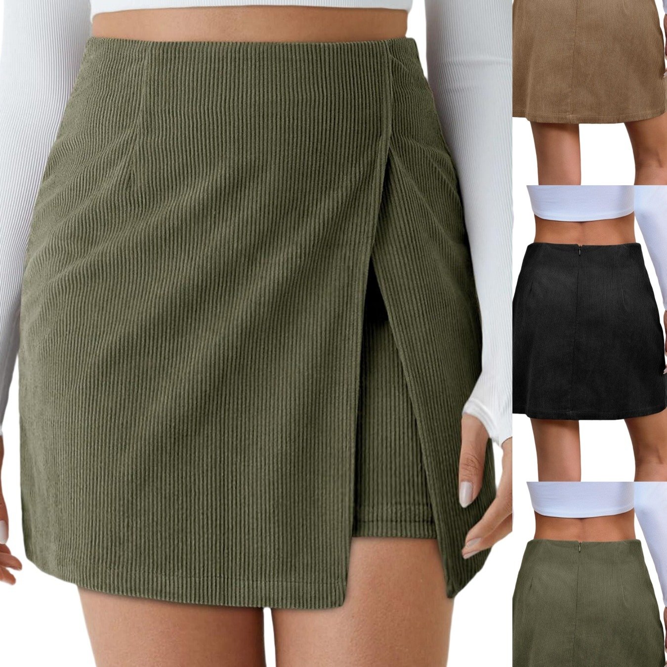 Casual High-waisted Corduroy Mini Skirt For Women, Featuring A Side Slit And A-line Bodycon Design, Wear