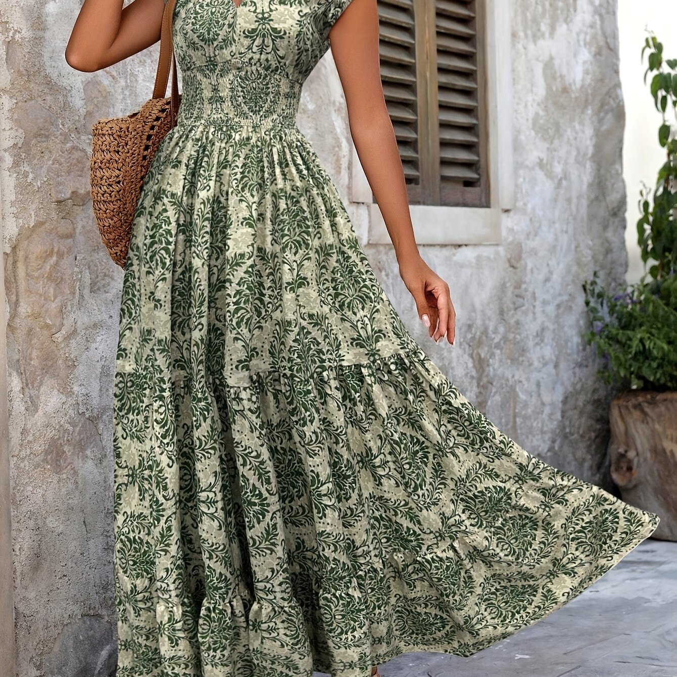 Image of Dp022037 Spring Summer Holiday New Women's Printed Short Sleeve V-neck Long Dress