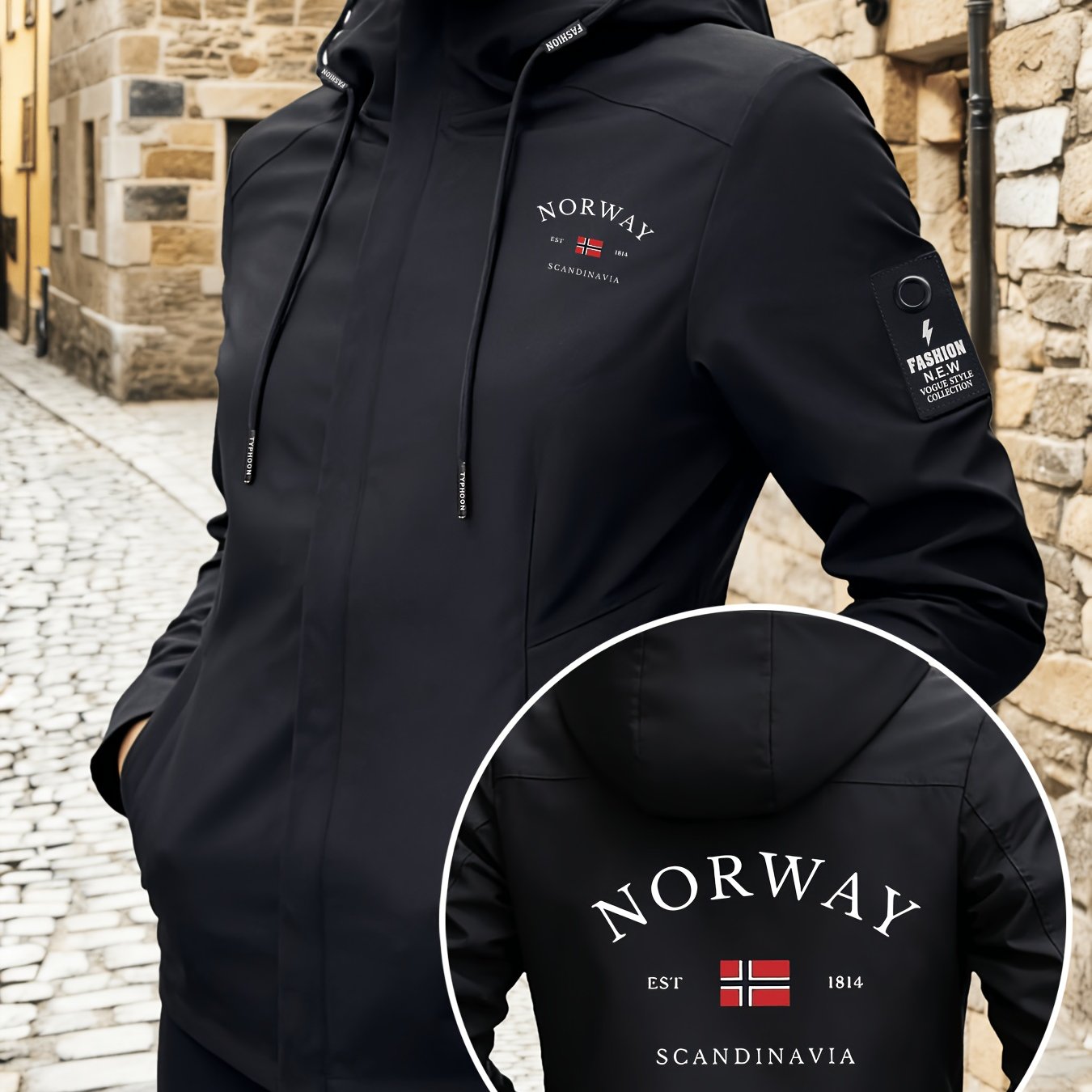 TEMU Chaqueta Casual para Mujer, Slogan Noruego de Noruega Escandinava Impreso, Cortavientos con Capucha y Bolsillo con Cremallera de Larga, Chaqueta