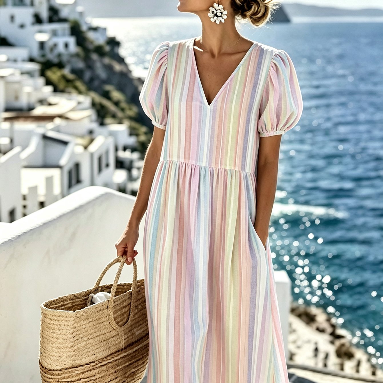 TEMU Women's Summer V-neck Dress, Macaron Color Striped Loose Midi Dress, With Puff Sleeves, High Waist Slim Fit With Pockets, Perfect For Beach