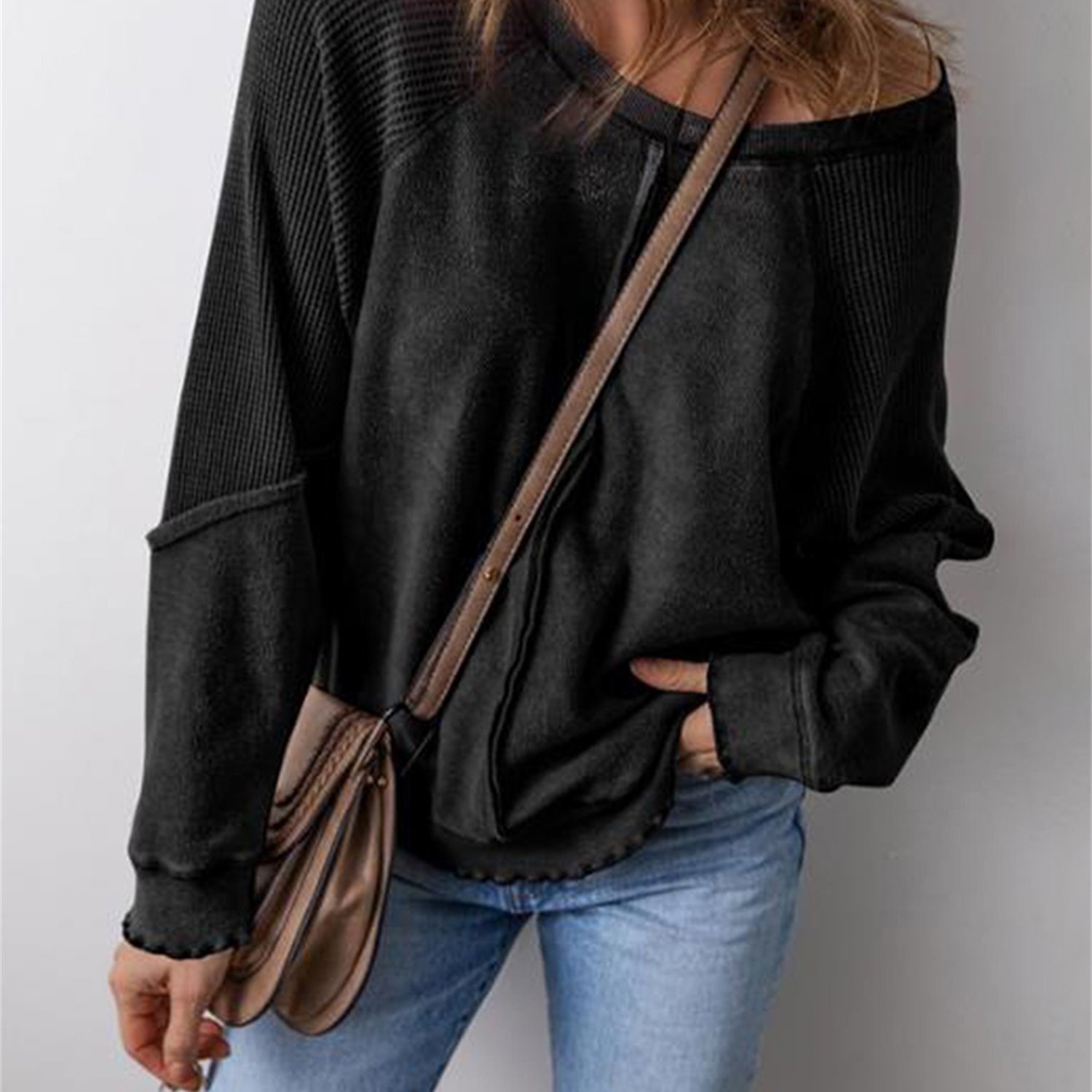 Women's Waffled Loose Pullover Long Sleeve Crew Neck Sweatshirt Streetwear
