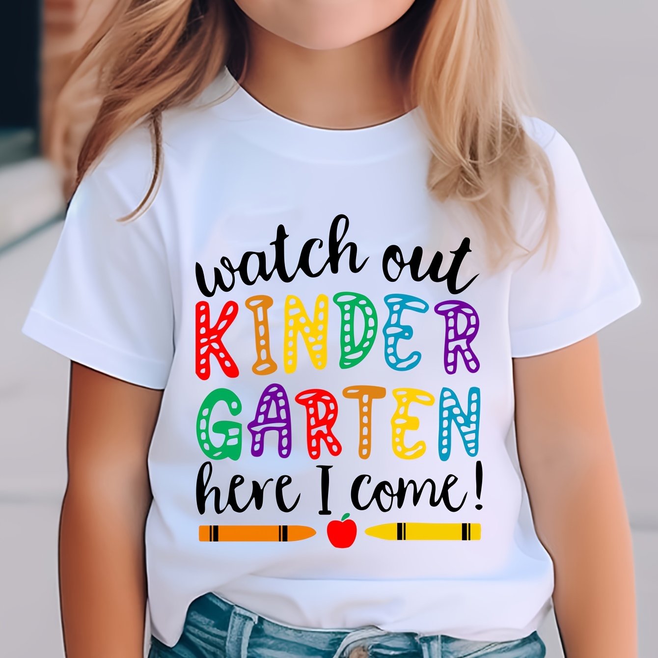 TEMU Girls' T-shirt With Short Sleeves Made Of. , Kindergarten, I'm ! Adorable, Colorful Letter Print On A Versatile And Comfy Round Neck Top