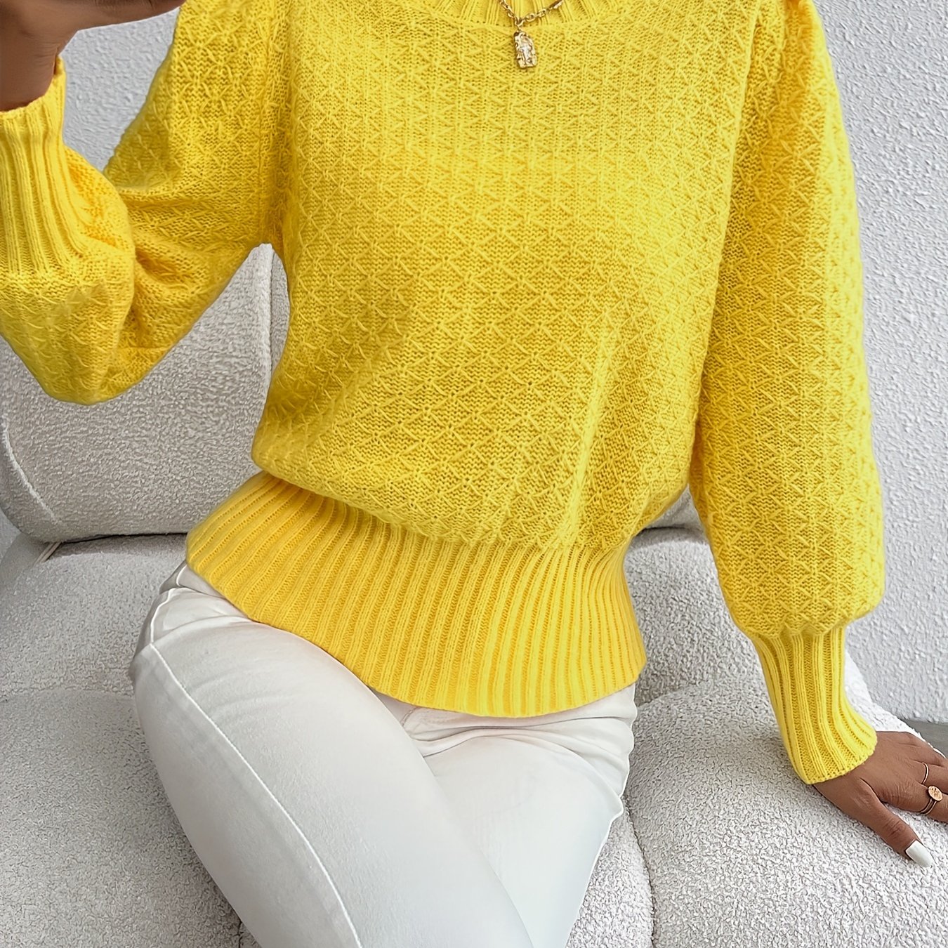 ' Rhombus Sweater With Poinçon (diagonal French Rhombus) - Blouson Sleeve Round Neck Winter Sweater, Medium-elastic Pullover For Fall/winter, Elegant Casual French Knitwear For Parties & Everyday (no)