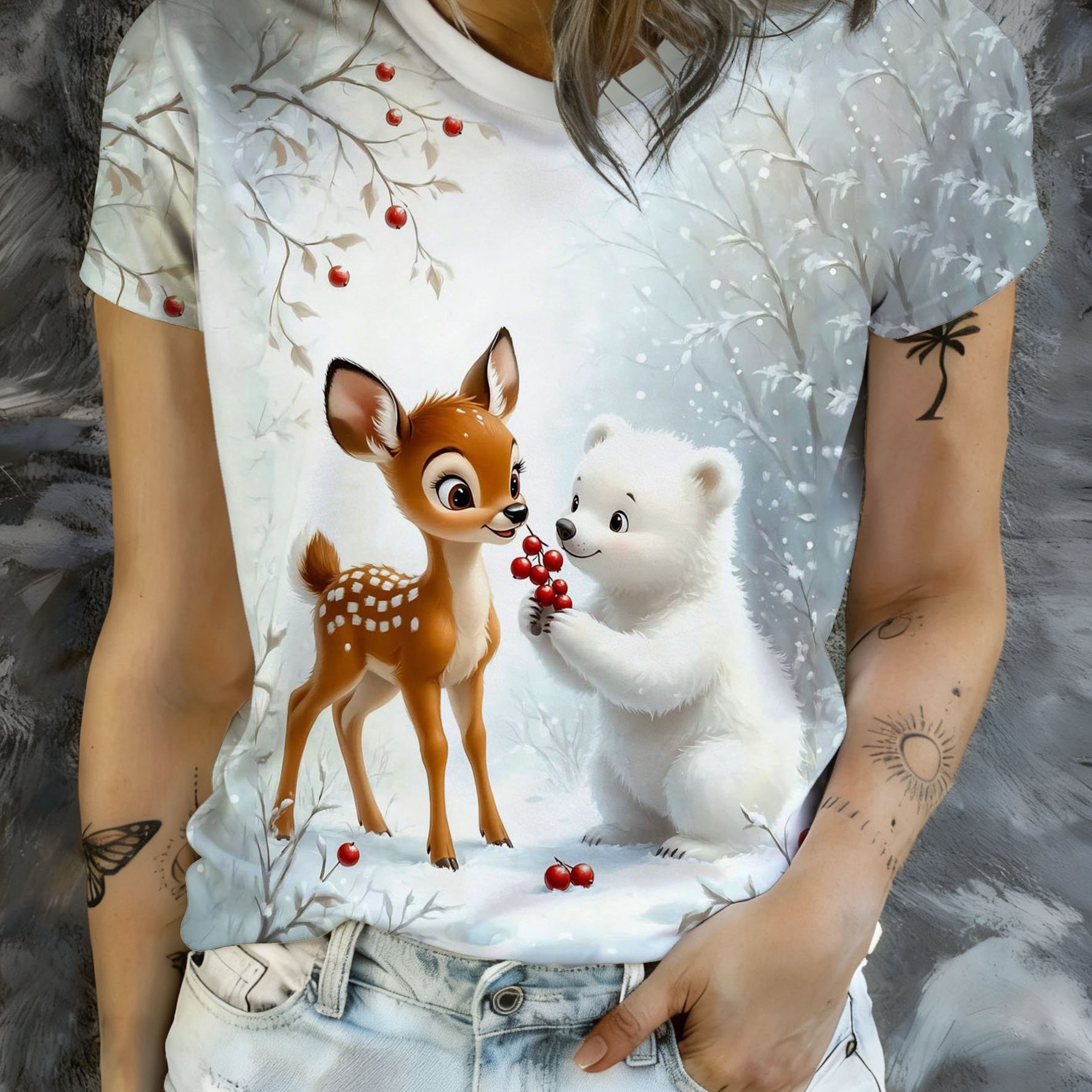 TEMU Printed Design - Not Textured A Meeting Of In The | Mist Short-sleeve T-shirt With Deer And Polar Bear In Oil, Breathable For Outdoor Women's