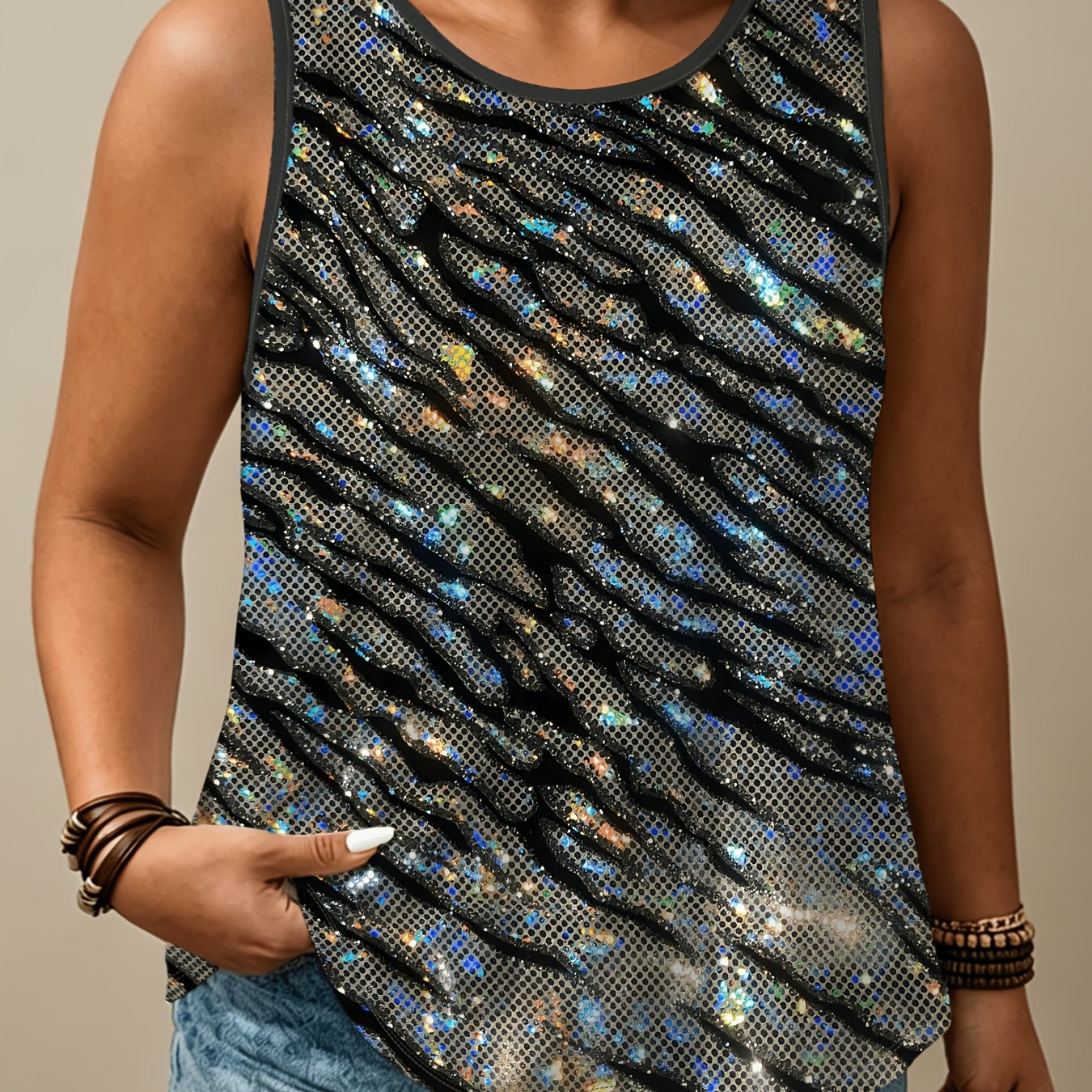 TEMU Plus Size Women's Casual Sequined Zebra Print Sleeveless Vest, Suitable For Daily , Parties, And Summer Wear