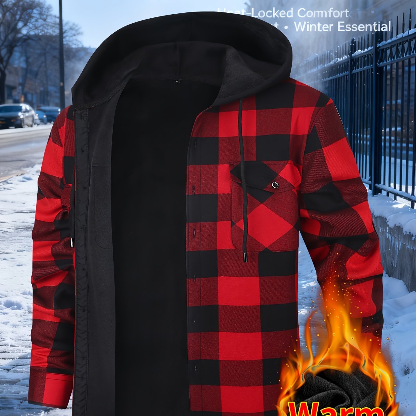 TEMU Men's Hooded Shacket With Fleece Lining For And Winter Months | Comfortable Long-sleeve Shirt Jacket Featuring Front Pockets | Ideal For Street
