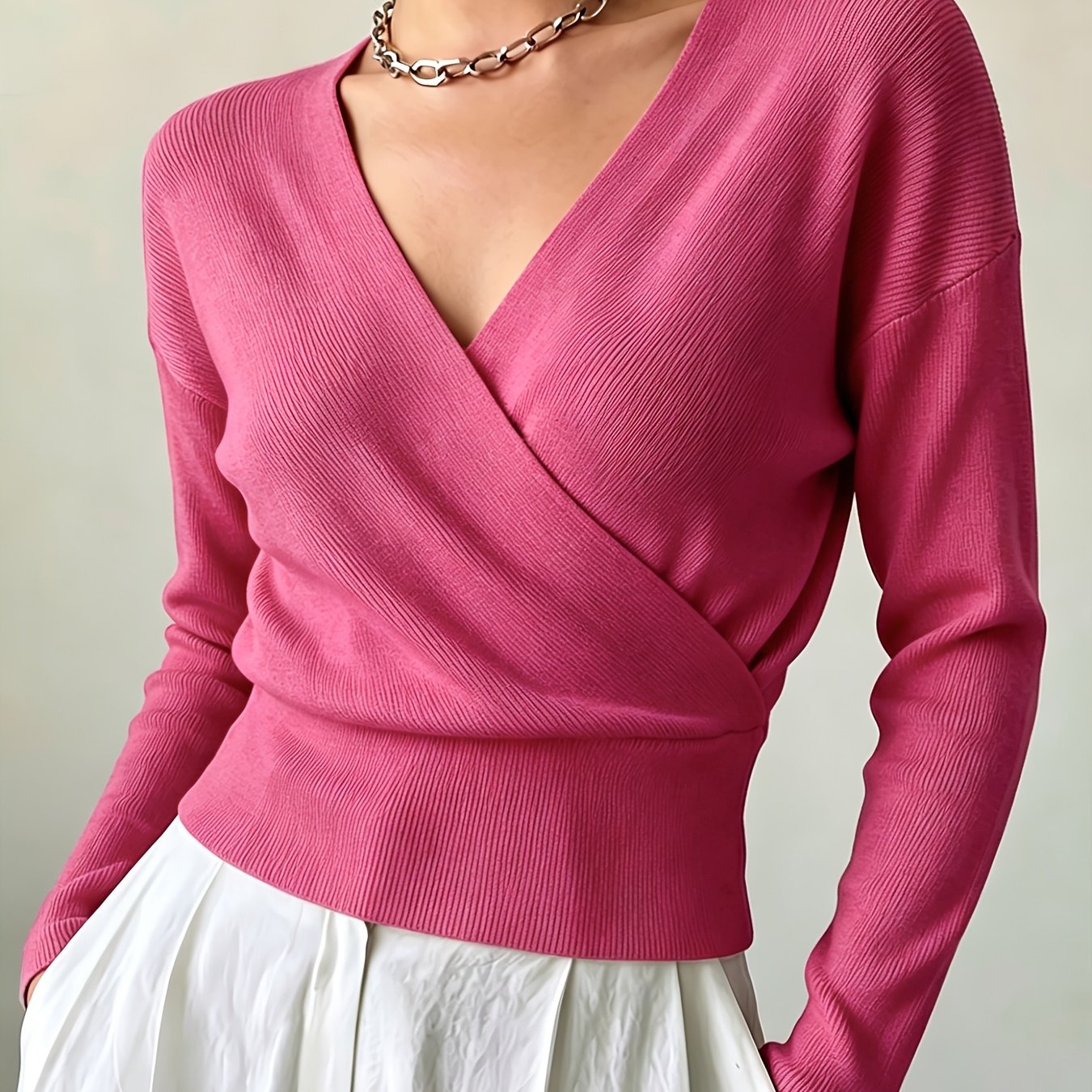 TEMU Women's Ins Autumn Winter Cross-collar Pullover, Temperament All-match Loose Machine Washable Long Sleeve Sweater