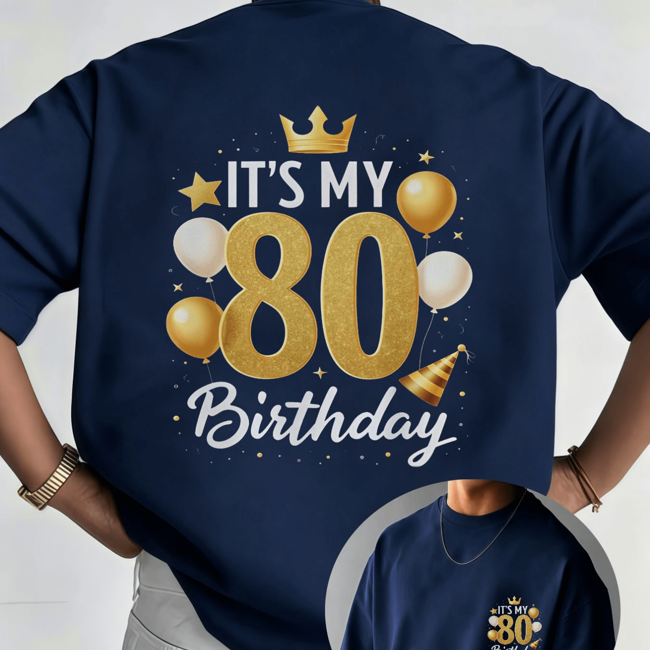 TEMU Men's T-shirt With Golden Pattern For Celebrating 80th Birthday - Featuring A Stylish Crew Neck Design, For Birthday Parties, Anniversaries, And
