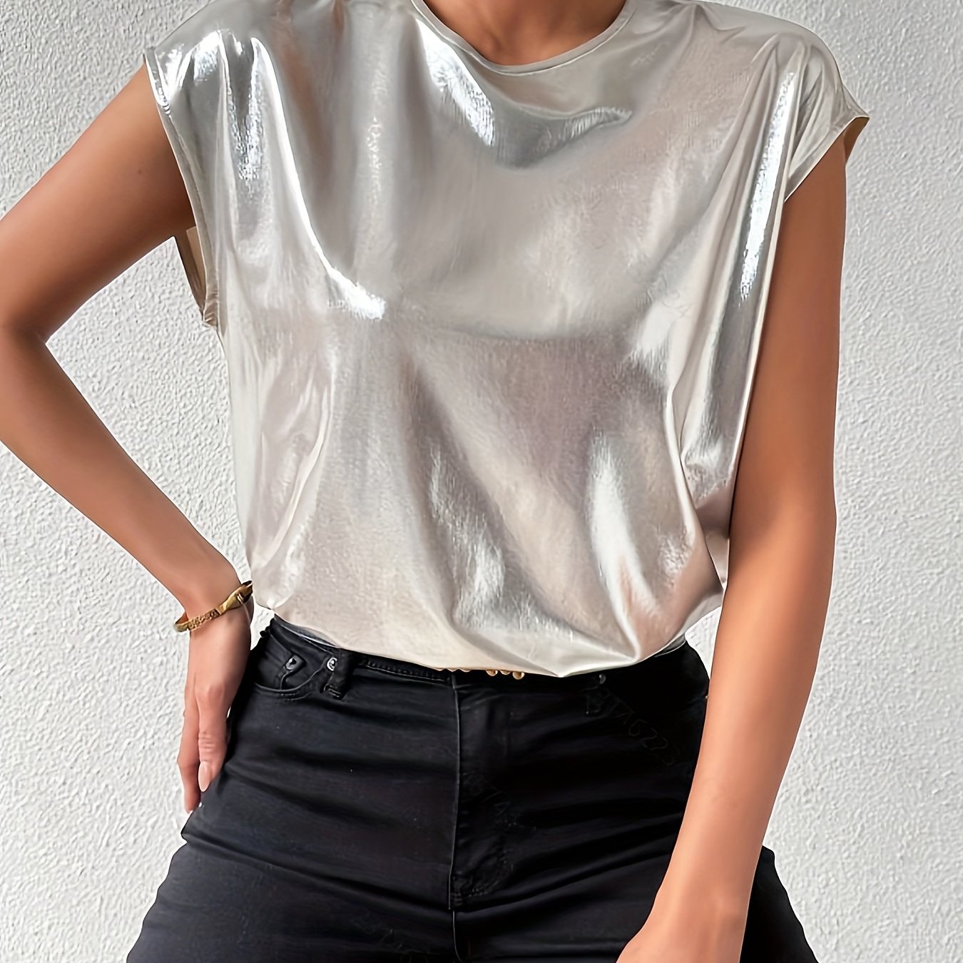 E-shop Neues Damen Design Mode Vielseitiges Locker Geschnittenes Silberfarbenes Kurzarm T-Shirt Rundhals Top YTD