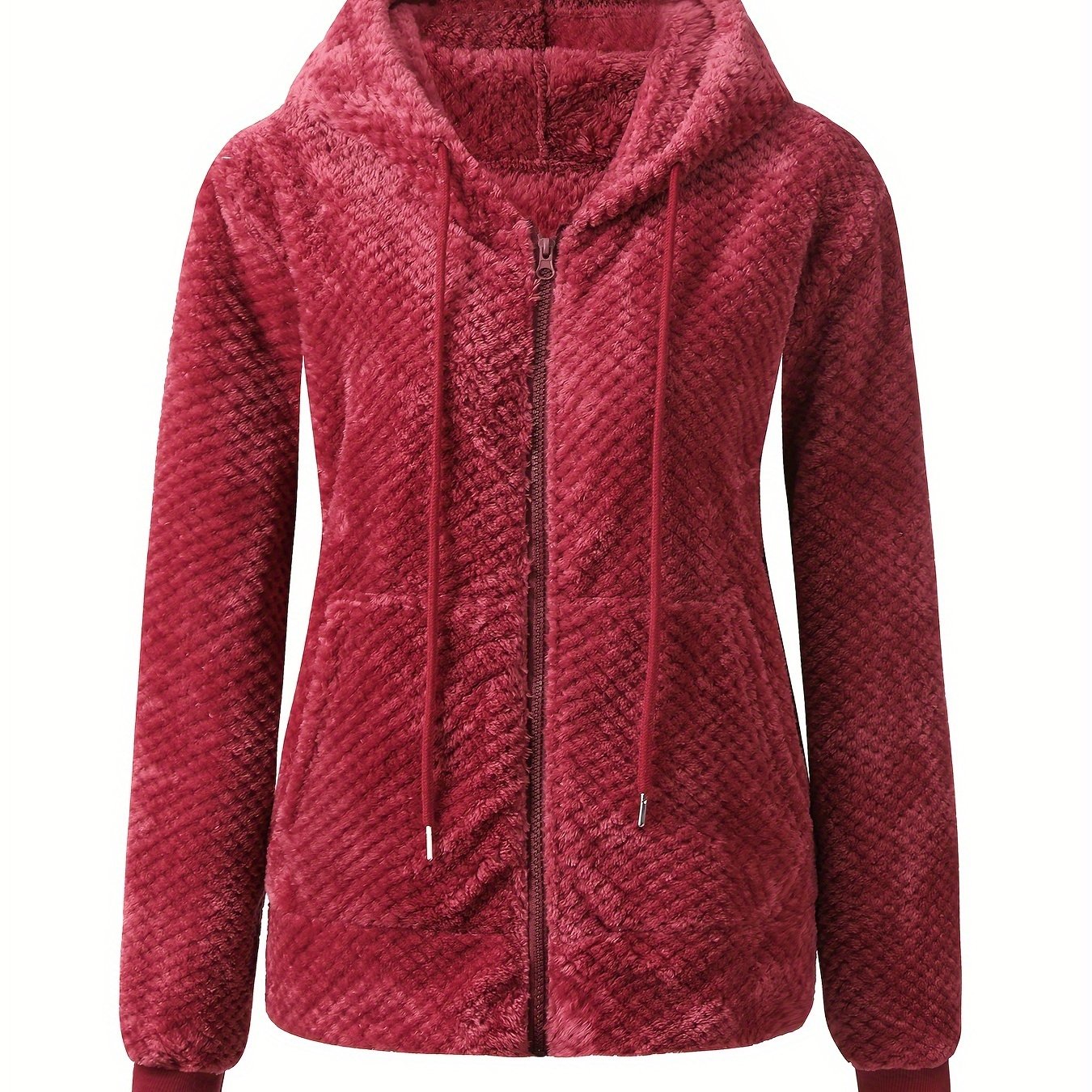Directional Zipper Plush Hooded Coat Elegant Muted Warm Drawstring Long Sleeve Coat Fall Winter Women's Clothing
