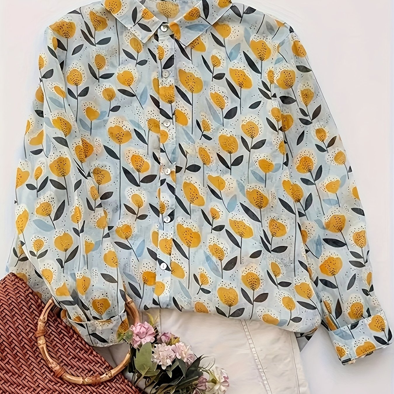 E-shop Modisches lässiges Blumenhemd, Tulpen-Design, Damen Hemd mit langen Ärmeln, locker geschnitten, maschinenwaschbar, Ganzjahreskleidung,