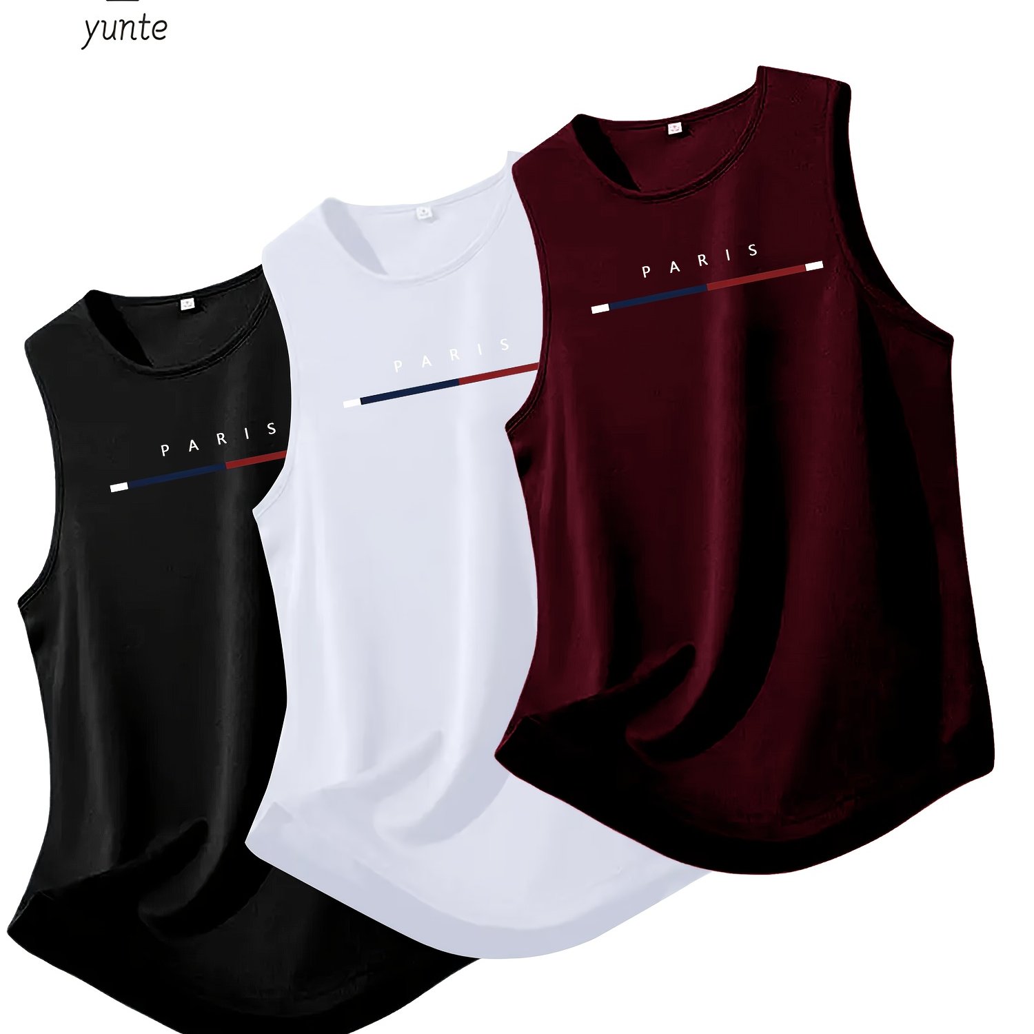 E-shop 3er-Set Herren Atmungsaktive Polyester-Tanktops - Ärmellose Athletikshirts mit "PARIS"-Aufdruck, Reguläre Passform für Fitnessstudio, Laufen,