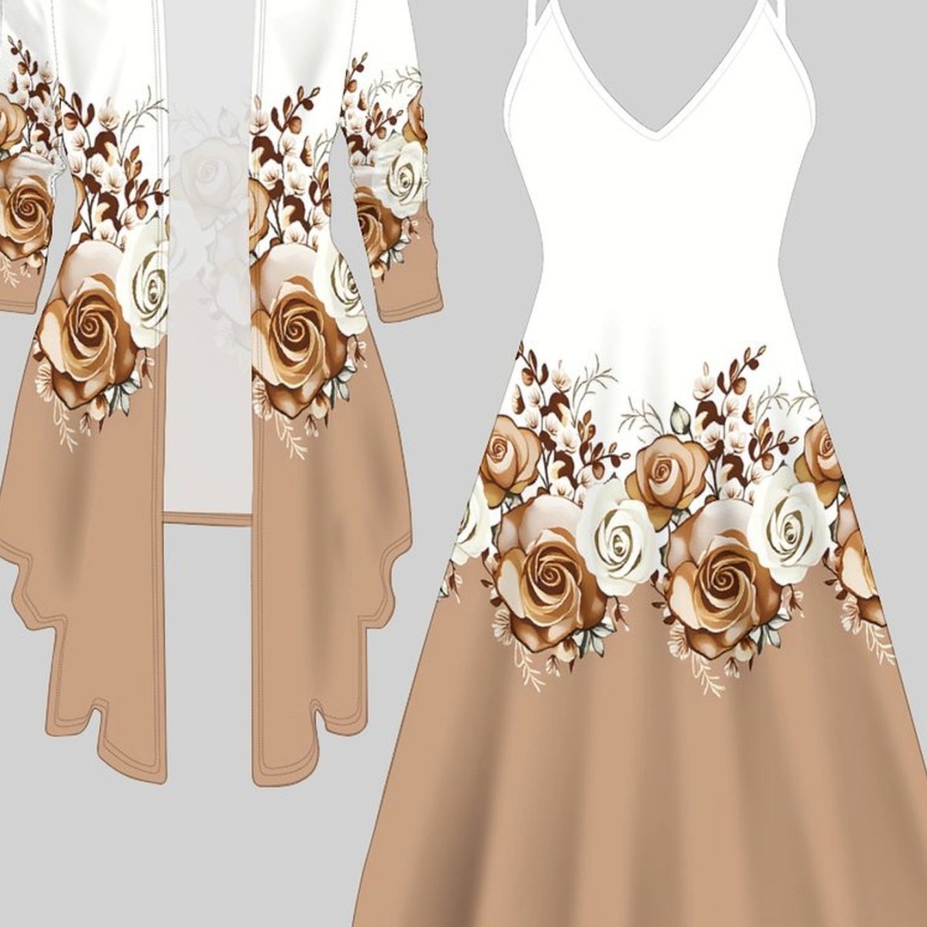 Image of Printed Elegant Women's Matching Set, Fashion + V-neck Slip Dress With Spliced Botanical Floral Print. Free To Match And Wear, Perfect For Daily Casual And Commuter Looks.