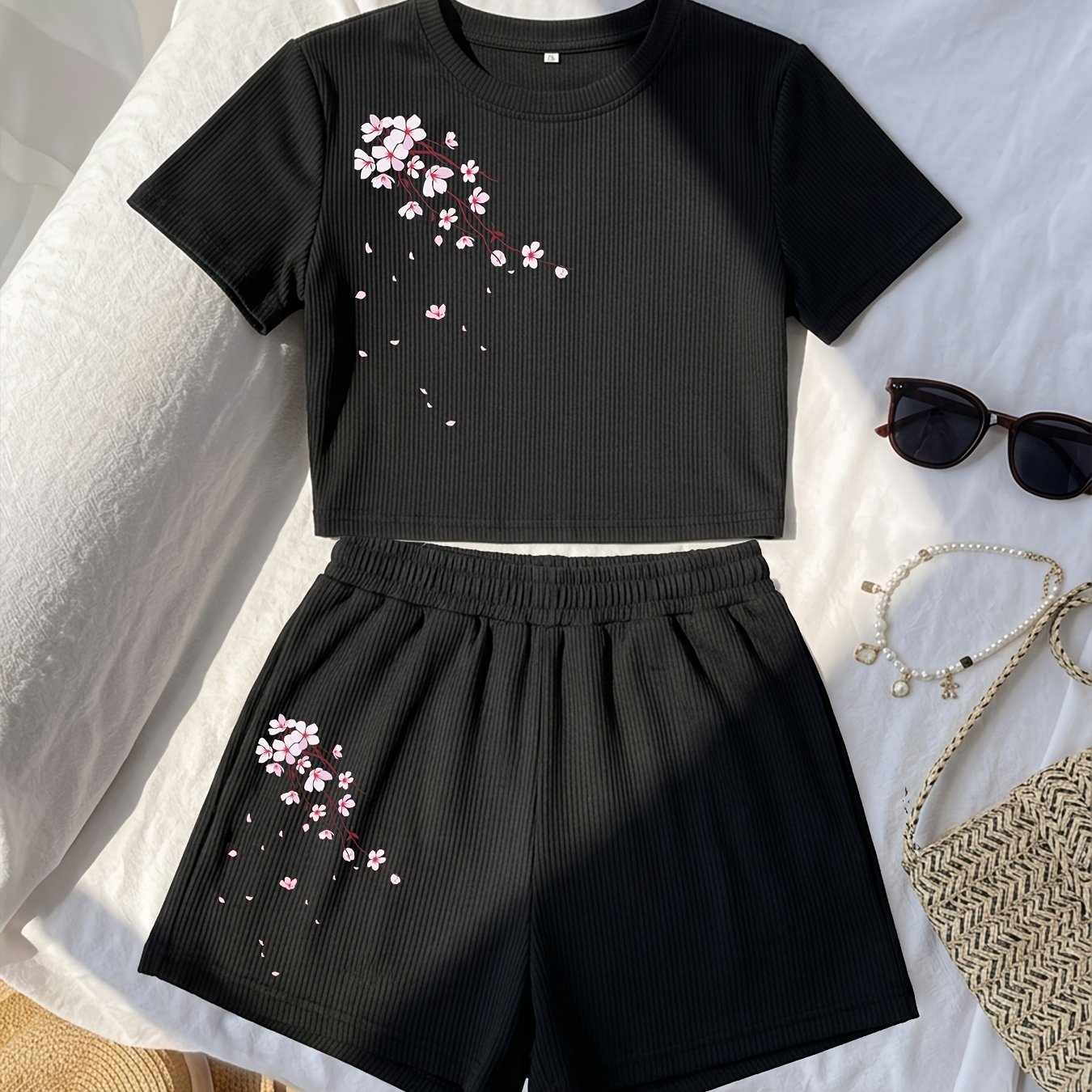 TEMU Japanese Cherry Petal Print Ribbed Set For Women, Summer Daily Wear, And Figure-flattering, Casual Sporty 2pcs Set