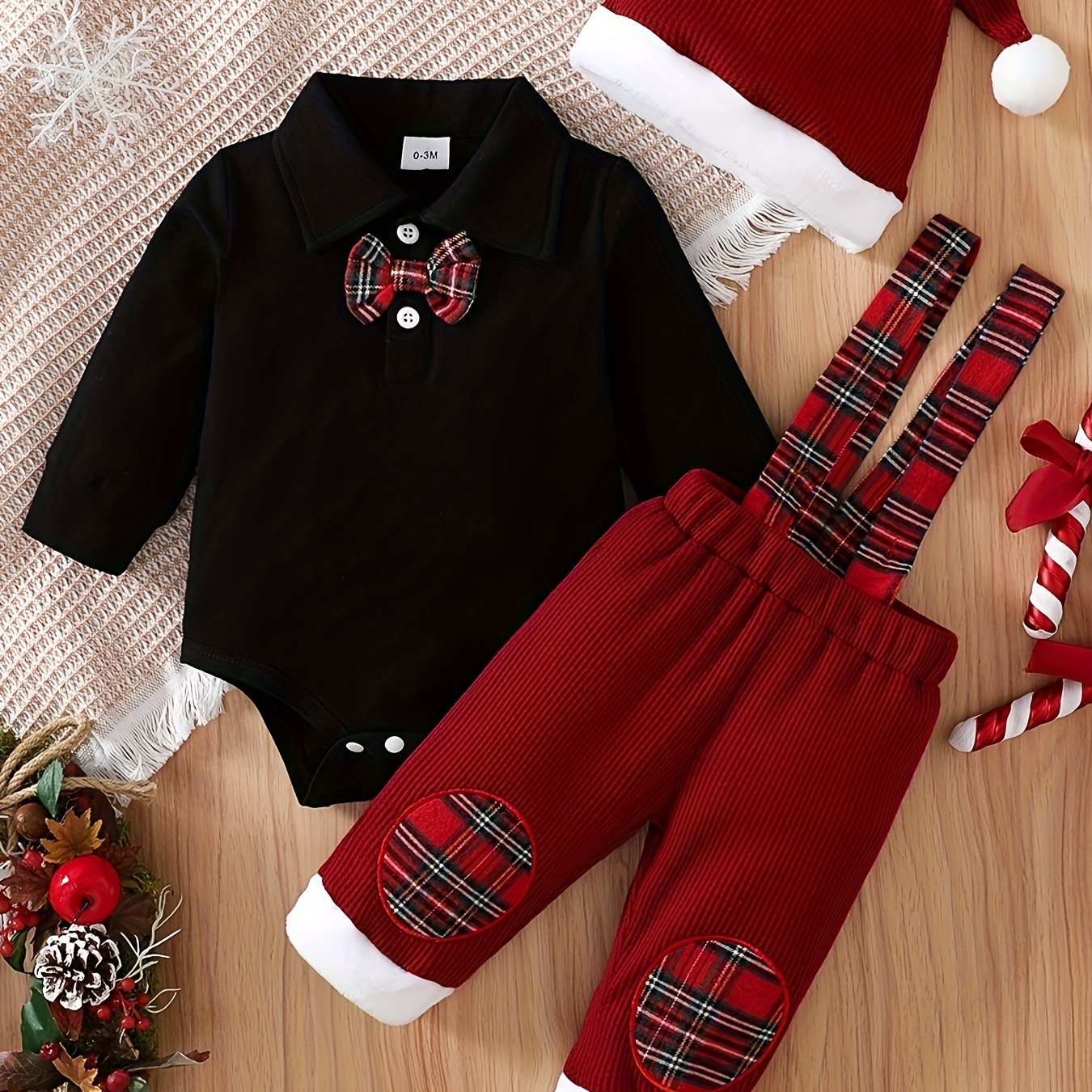 TEMU Boy's Baby's Bow Tie Long Sleeve Waffle Stitching Straps Hat 3pcs Set, Perfect For Outdoor