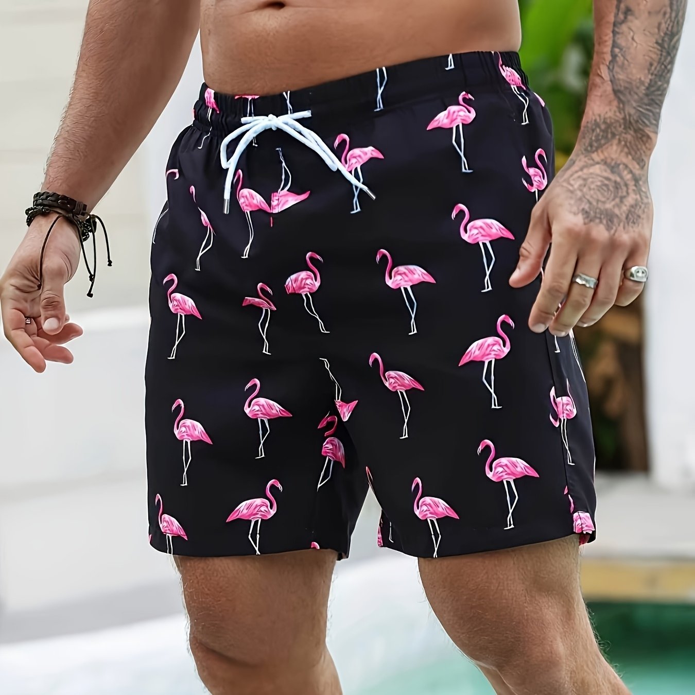 TEMU Men's Beach Shorts, Flamingo Print, Suitable For Surfing And Camping, Ideal For Summer Beach Vacations Swimming Pool