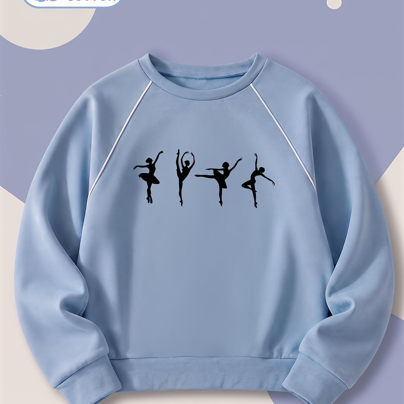 Image of Girls' Spring And Autumn Pure Trendy Fashion Sweatshirt, Elegant Ballet Silhouette Print, 6y-12y Girls' Spring And Autumn Daily Long-sleeve Casual Round Neck Sweatshirt, For Birthday Gifts