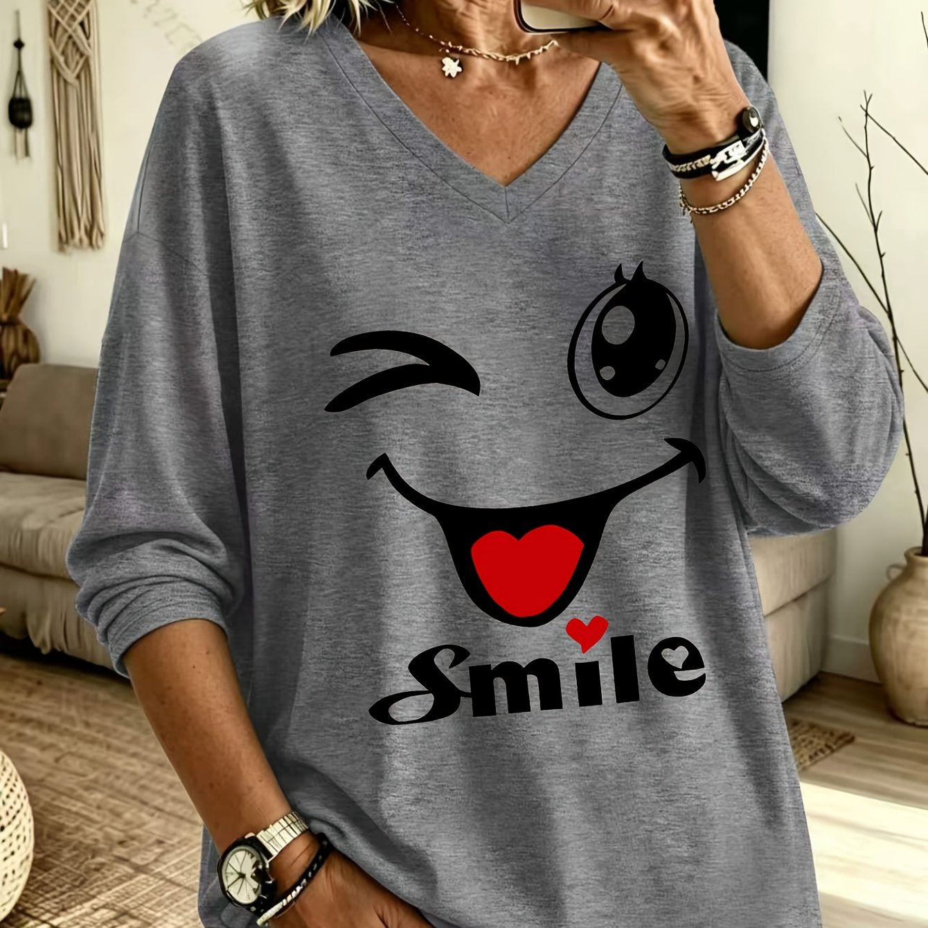 TEMU Taglie Forti, Moda /Estate T-shirt Casual da Donna Taglie Forti con Scollo Maniche Lunghe con Stampa Lettere " Sorridente e ", -Spandex -