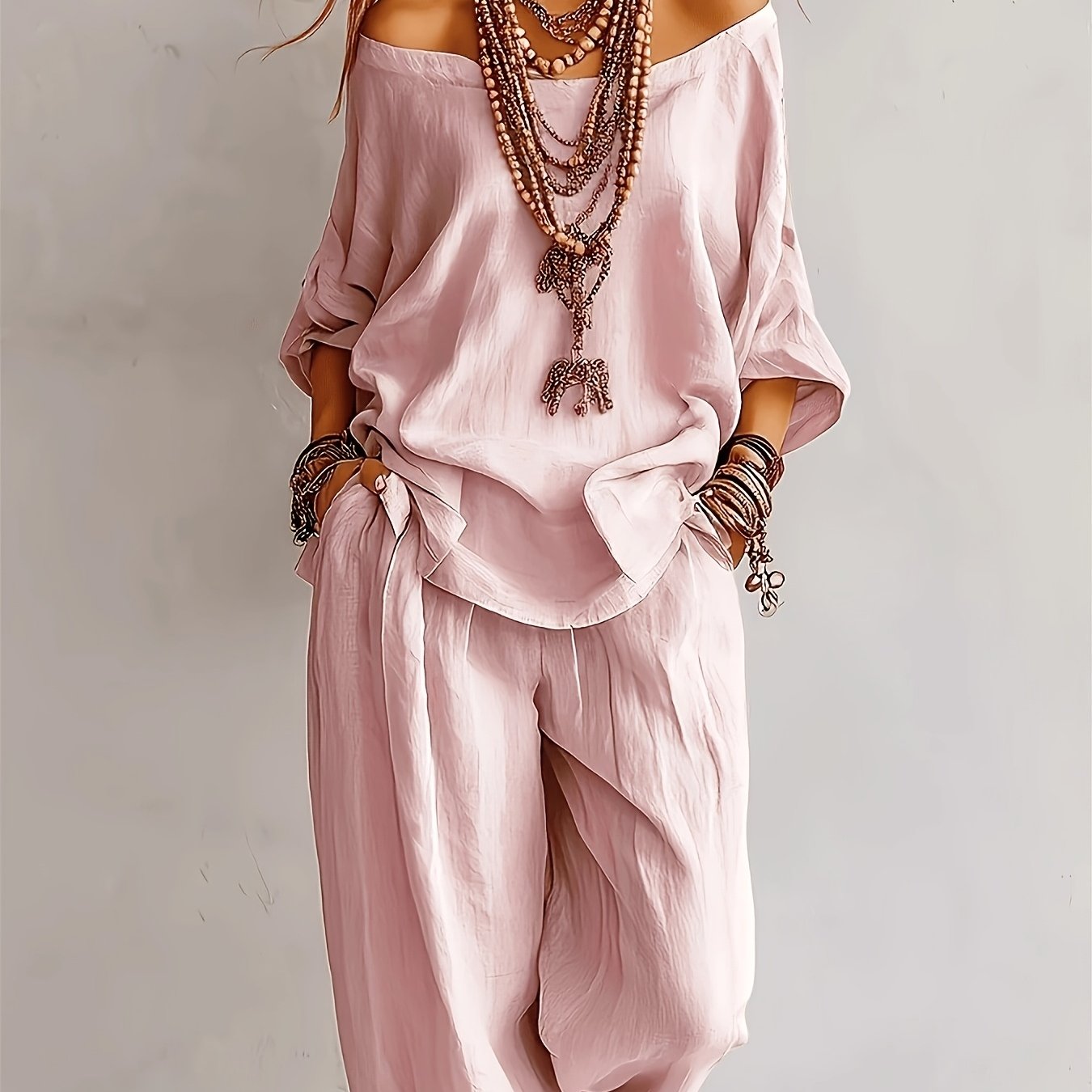 TEMU Bk260602003 [off-shoulder Top Set] Summer New Casual Off-shoulder Top And Wide-leg Pants Two-piece Set, Women's